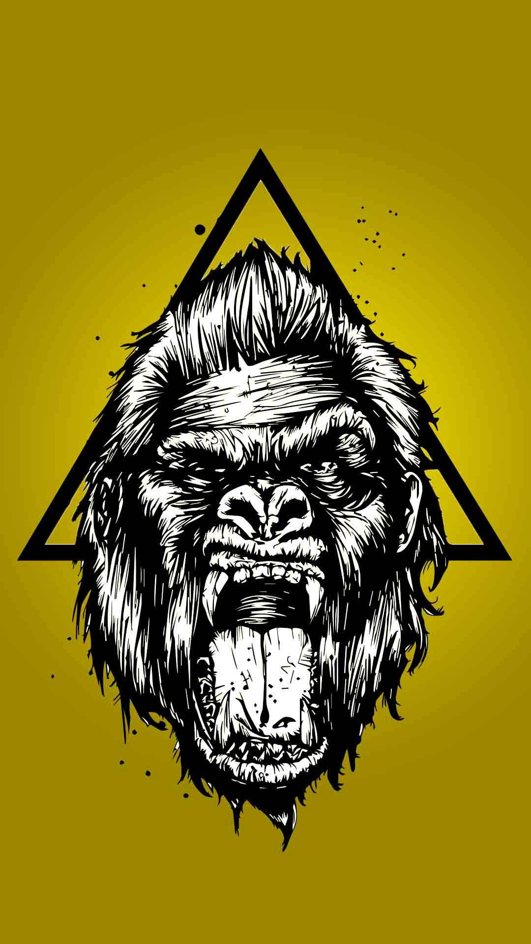 Cool Gorilla 桌布 壁紙 — 一個兇猛的黑白插圖大猩猩頭在一個大膽的三角形內咆哮，背景是鮮黃色。