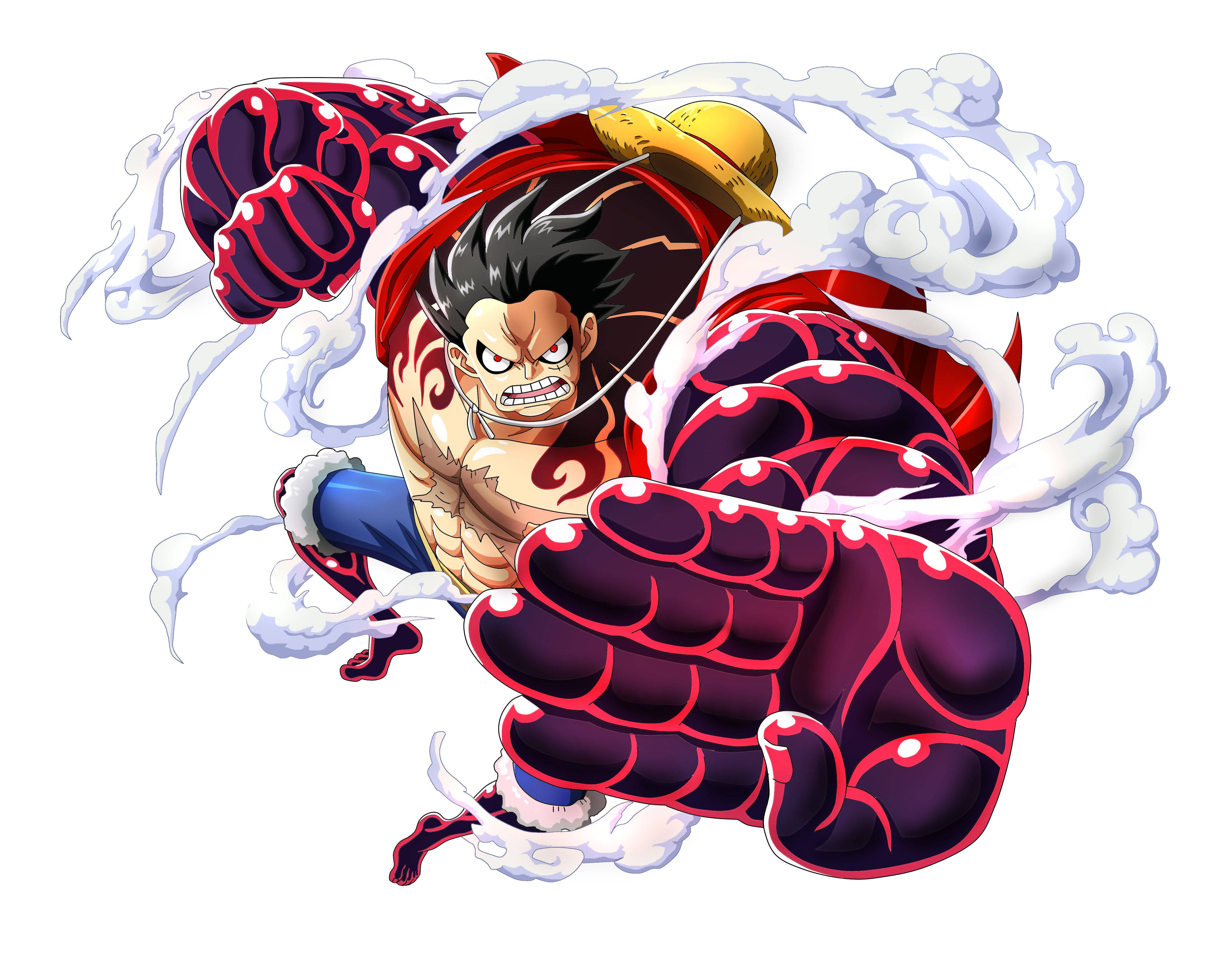 luffy 4K 桌布 壁紙 — 一個兇猛的黑髮動漫海盜，擁有紅色惡魔果實能力，在旋轉的白煙中向前出拳。