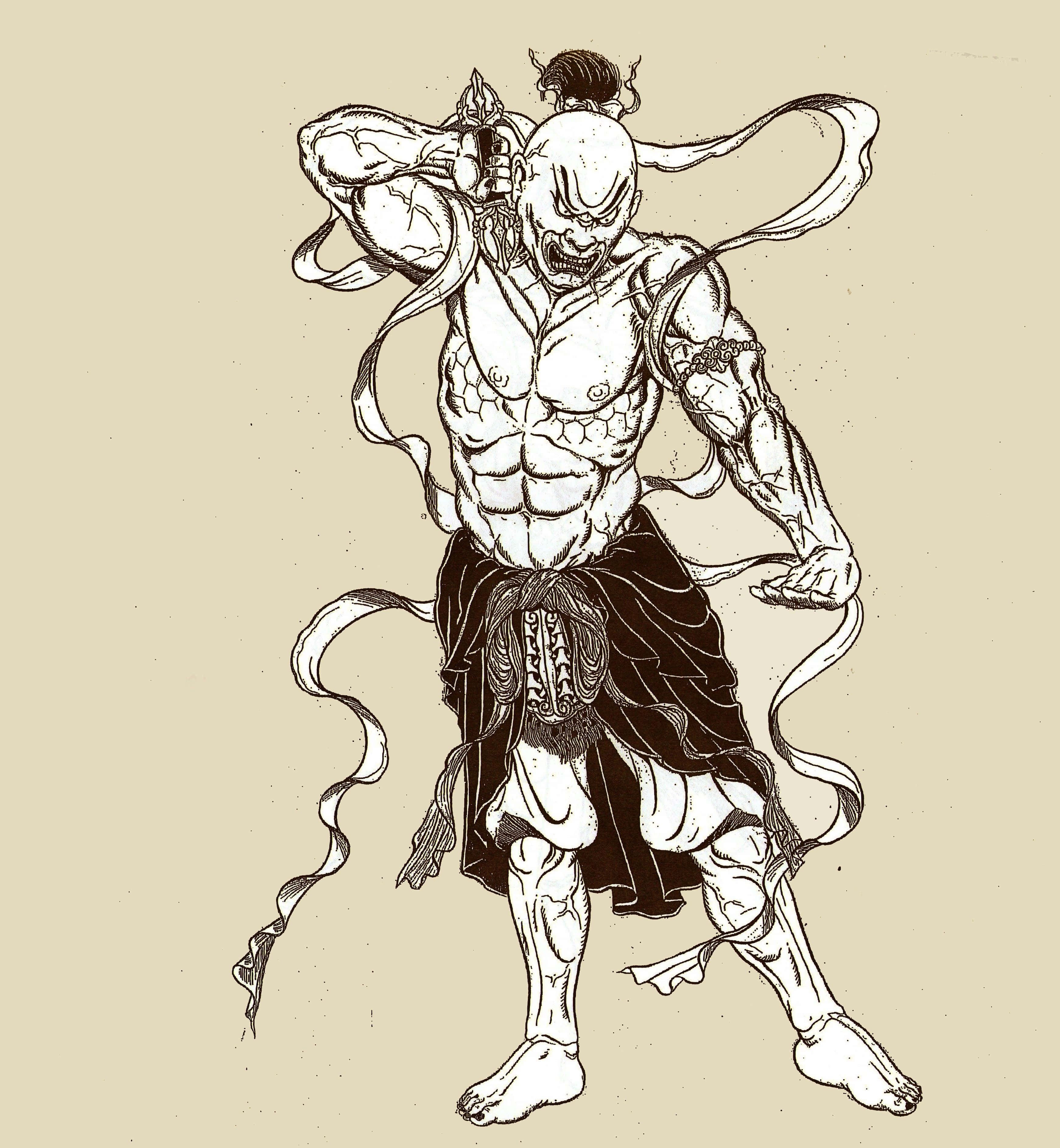 Japanese Tattoo 桌布 壁紙 — 一個兇猛肌肉發達的惡魔，手持帶刺武器和飄逸的絲帶，以動態姿勢站在米色背景前。