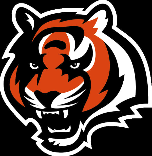 Mascot Logo 桌布 壁紙 — 一個兇猛風格化的老虎頭標誌，帶有醒目的橙色、黑色和白色條紋、露出的牙齒和銳利的眼睛，置於純黑色背景上。