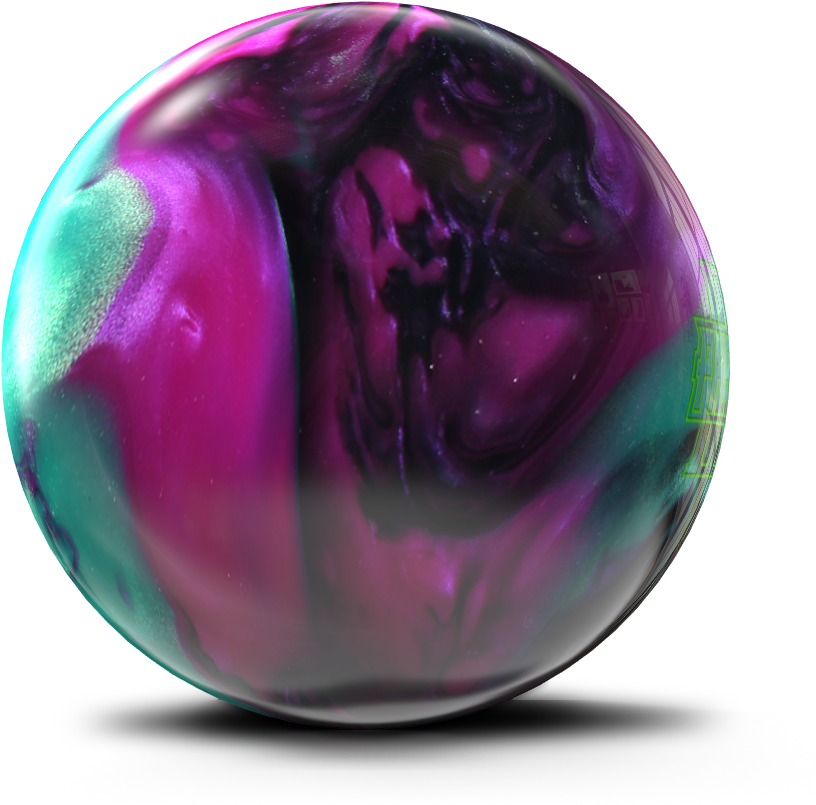Bowling Ball 桌布 壁紙 — 一個光亮的保齡球，在黑色背景上帶有旋轉的洋紅色紫色和藍綠色圖案。