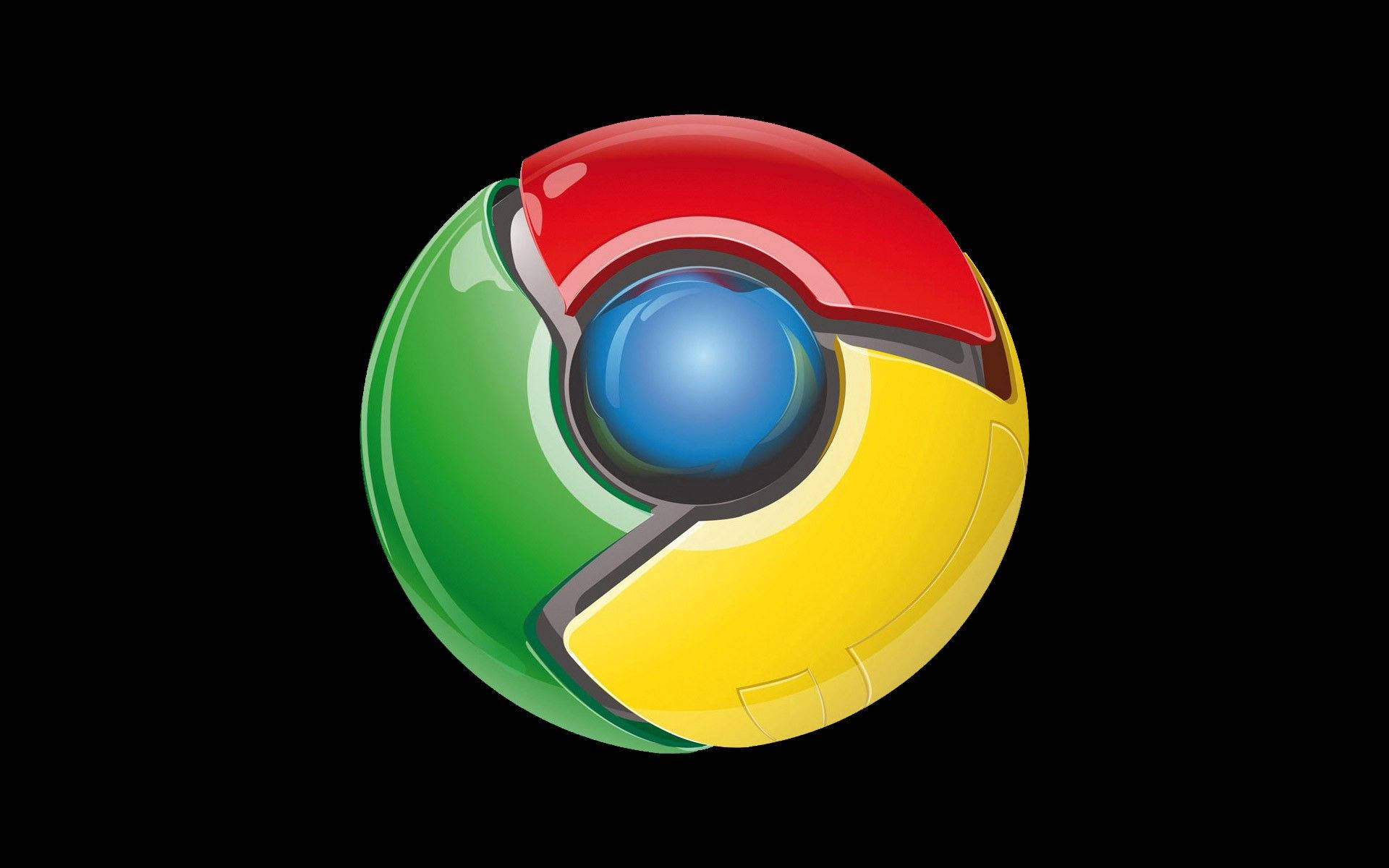 Google Chrome 桌布 壁紙 — 一個光亮的鉻合金標誌，帶有紅色、綠色和黃色部分，圍繞著藍色中心，背景為黑色。