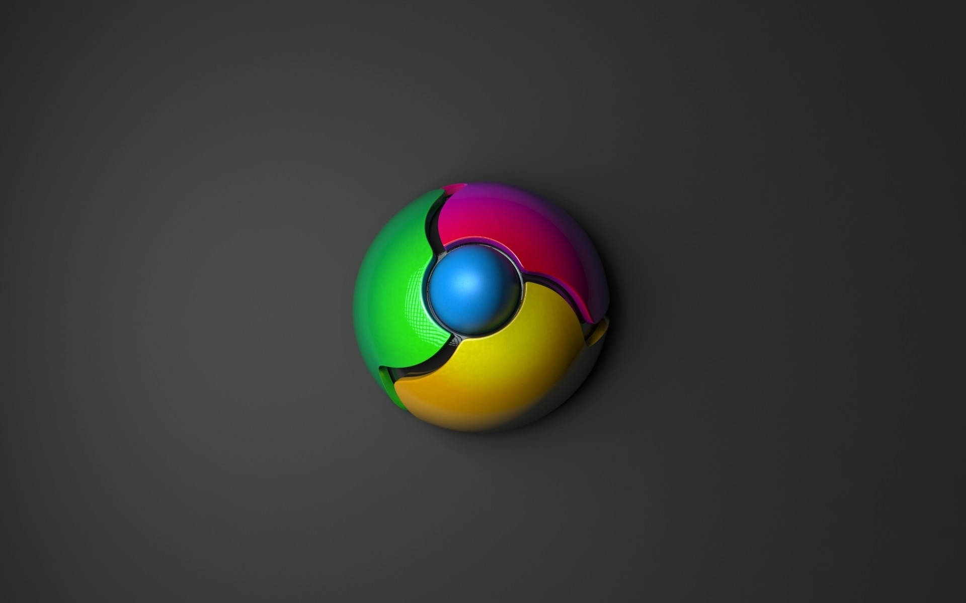 Chrome 桌布 壁紙 — 一個光亮的鉻合金標誌，帶有鮮豔的綠色、粉紅色、黃色和藍色部分，居中在深灰色背景上。