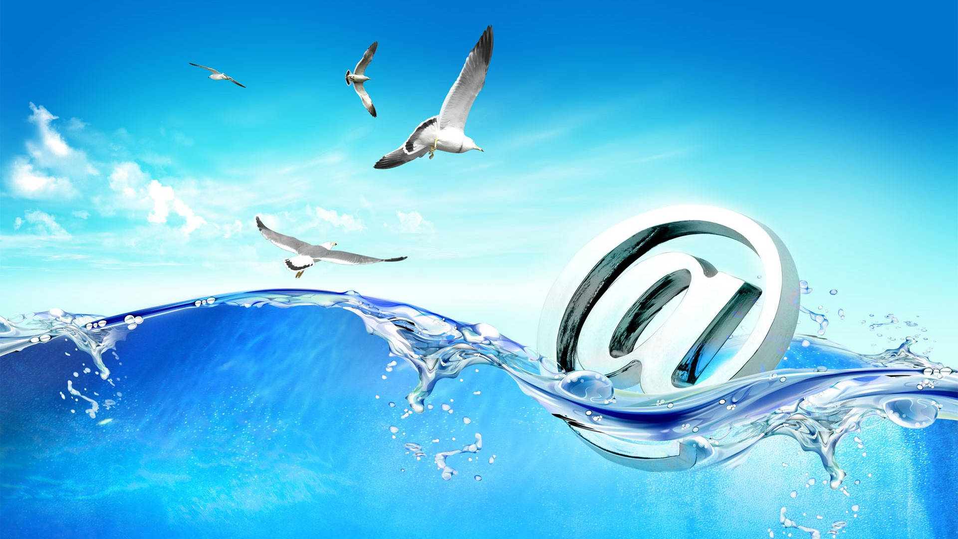 Gmail 動圖 桌布 壁紙 — 一個光亮的電郵標誌從動態的藍色波浪中浮現，上方有海鷗在晴朗的天空中翱翔。