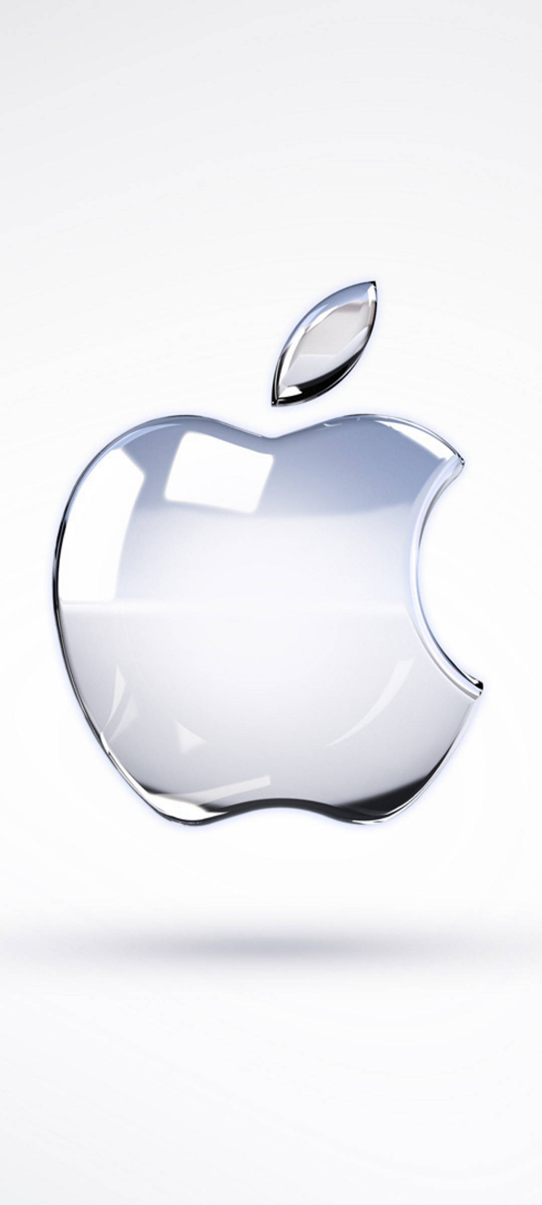 White iPhone 桌布 壁紙 — 一個光滑玻璃般的Apple標誌，帶有咬痕和葉子，漂浮在純白色背景上。