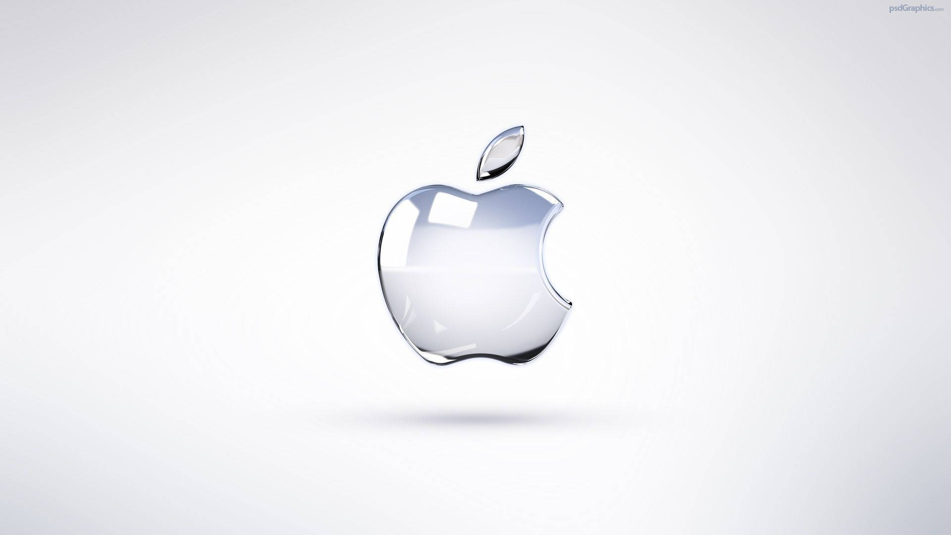 Apple Mac Desktop 桌布 壁紙 — 一個光滑玻璃般的Apple標誌漂浮在極簡白色背景上，帶有柔和陰影。