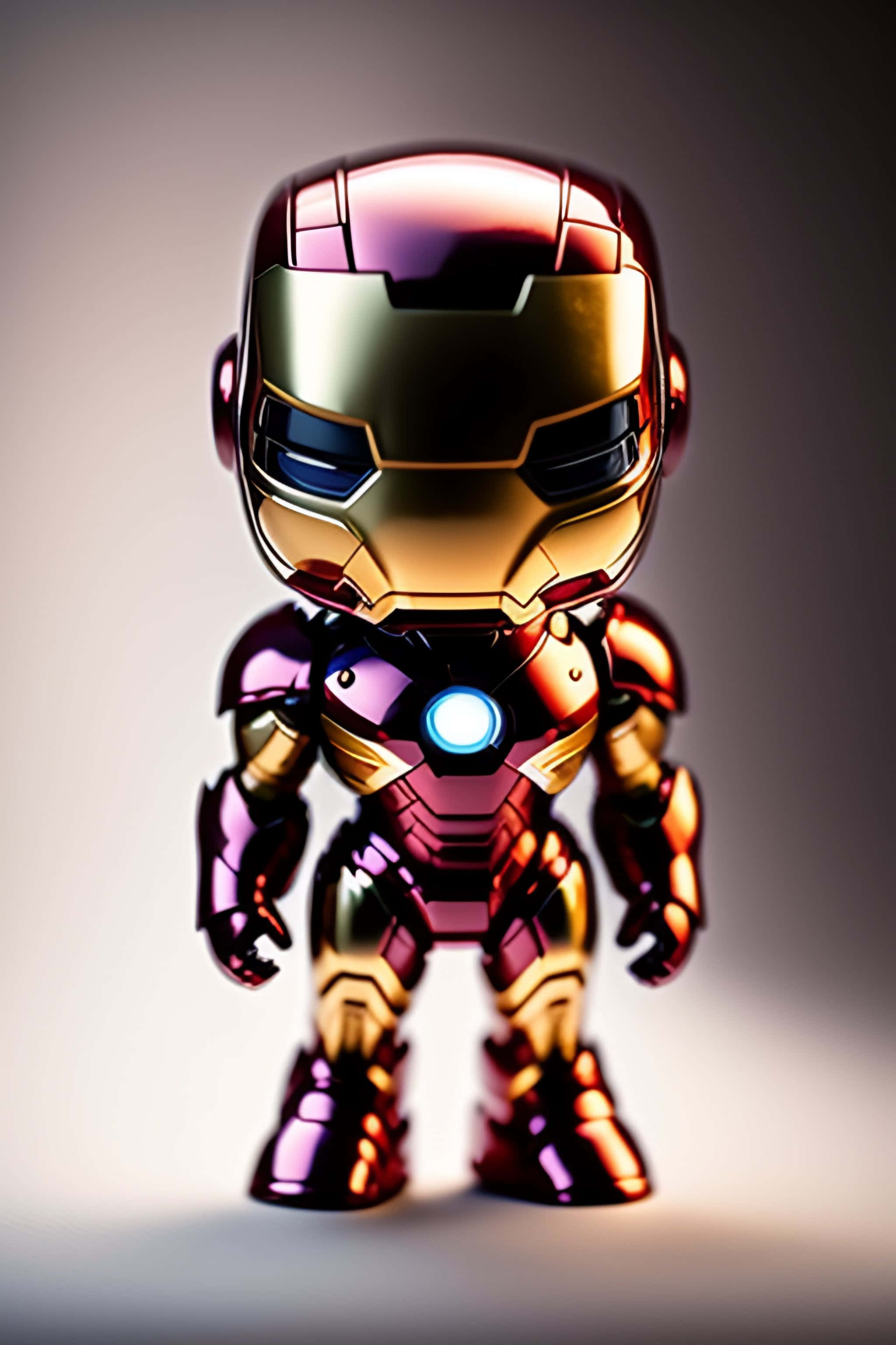 Iron Man Pop Figures 桌布 壁紙 — 一個光滑的Q版鋼鐵人人偶，在柔和漸變背景前擺出姿勢，帶有發光的弧形反應器。