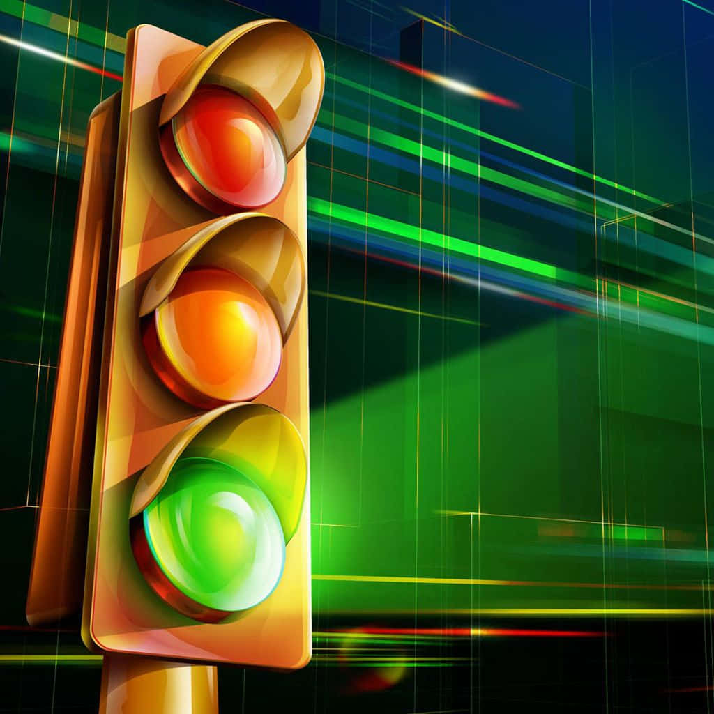 Stop Light 桌布 壁紙 — 一個光滑的交通號誌，紅色、黃色和綠色的燈泡在充滿活力的抽象霓虹線條背景中發光。