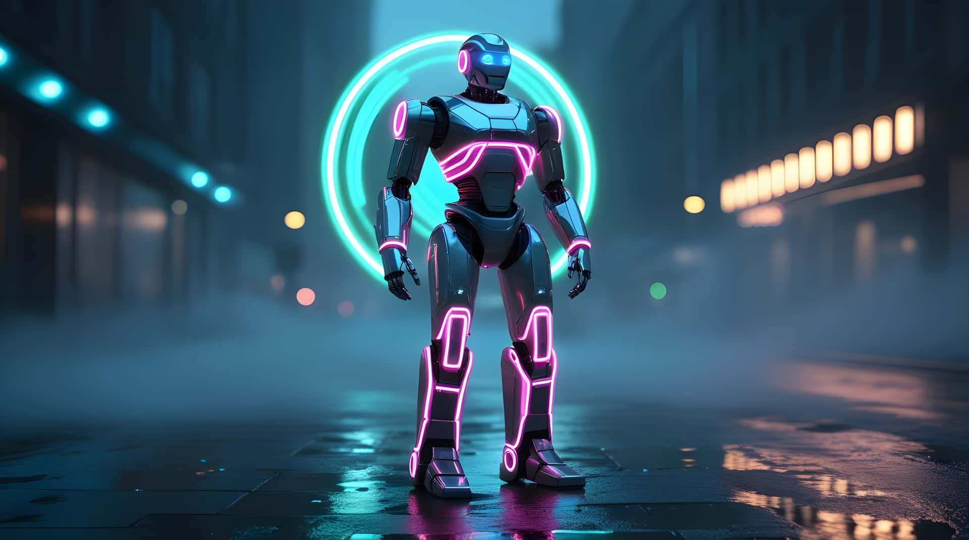 The neon lighting robot 壁紙 — 一個光滑的人形機器人，帶有發光的粉紅色和藍色霓虹線條，站在霧氣瀰漫的未來城市街道上，下方是一個發光的圓形傳送門。