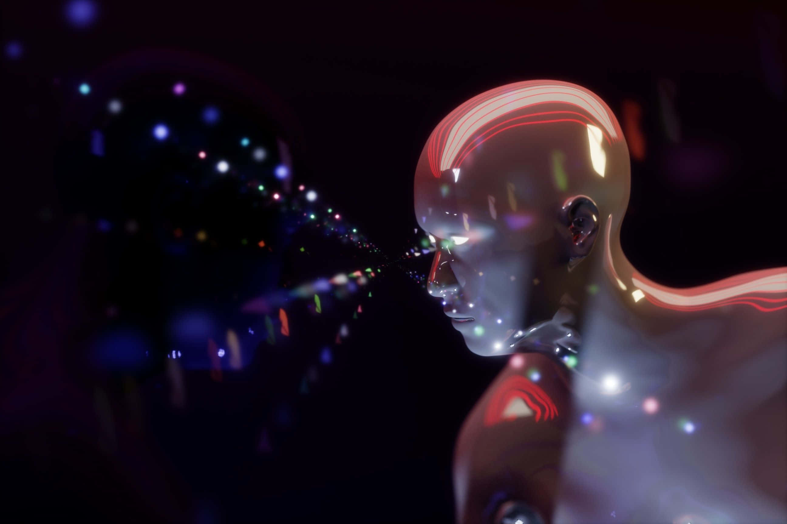 AI 桌布 壁紙 — 一個光滑的人形機器人，帶有發光的紅色線條，向黑暗虛空發射出色彩繽紛的數據粒子。