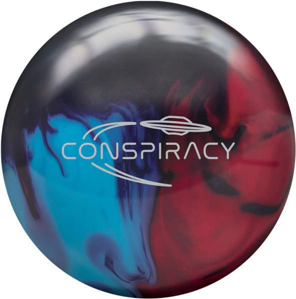 Bowling Ball 桌布 壁紙 — 一個光滑的保齡球，帶有旋轉的藍色、紅色和黑色大理石花紋，以及黑色背景上的白色「CONSPIRACY」標誌。
