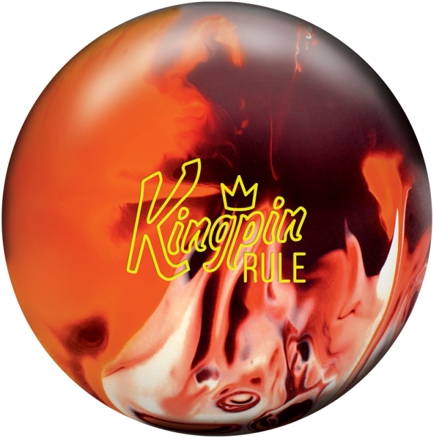 Bowling Ball 桌布 壁紙 — 一個光滑的保齡球帶有火橙色和黑色漩渦，並以粗體黃色字體顯示 Kingpin Rule。