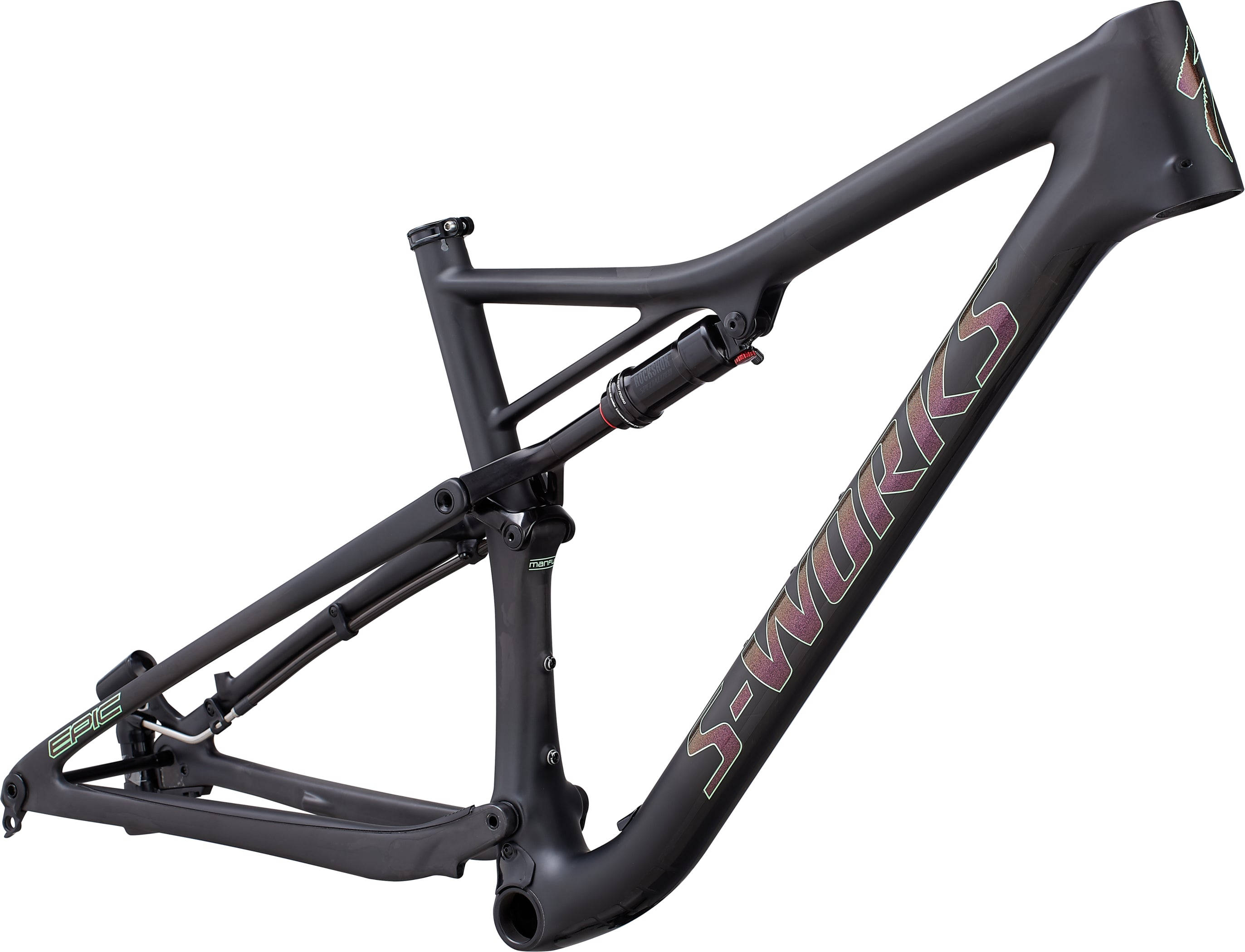 電腦 桌布 壁紙 — 一個光滑的啞光黑色Specialized S-Works Epic登山車車架，帶有紫色和金色品牌標識，孤立在白色背景上。