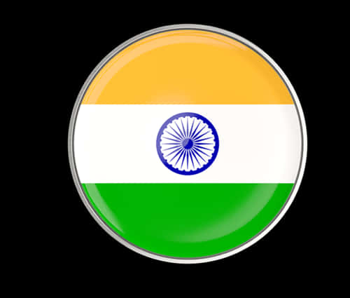 India Flag 桌布 壁紙 — 一個光滑的圓形按鈕，在黑色背景上顯示印度國旗，帶有藏紅花、白色和綠色條紋以及藍色的阿育王法輪。