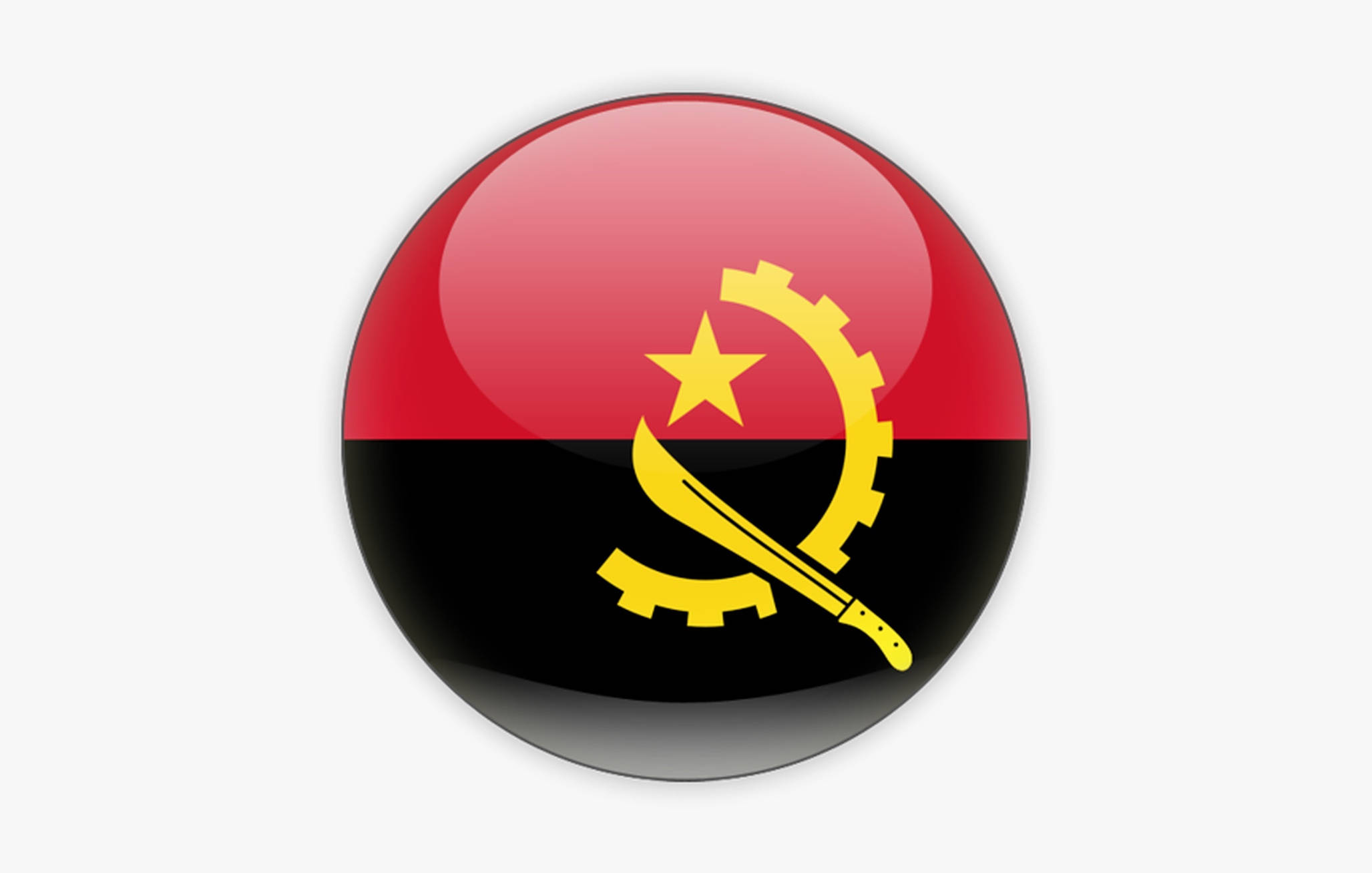 Angola 桌布 壁紙 — 一個光滑的圓形按鈕在純白色背景上展示安哥拉國旗，旗幟由紅黑兩半和黃色徽章組成。