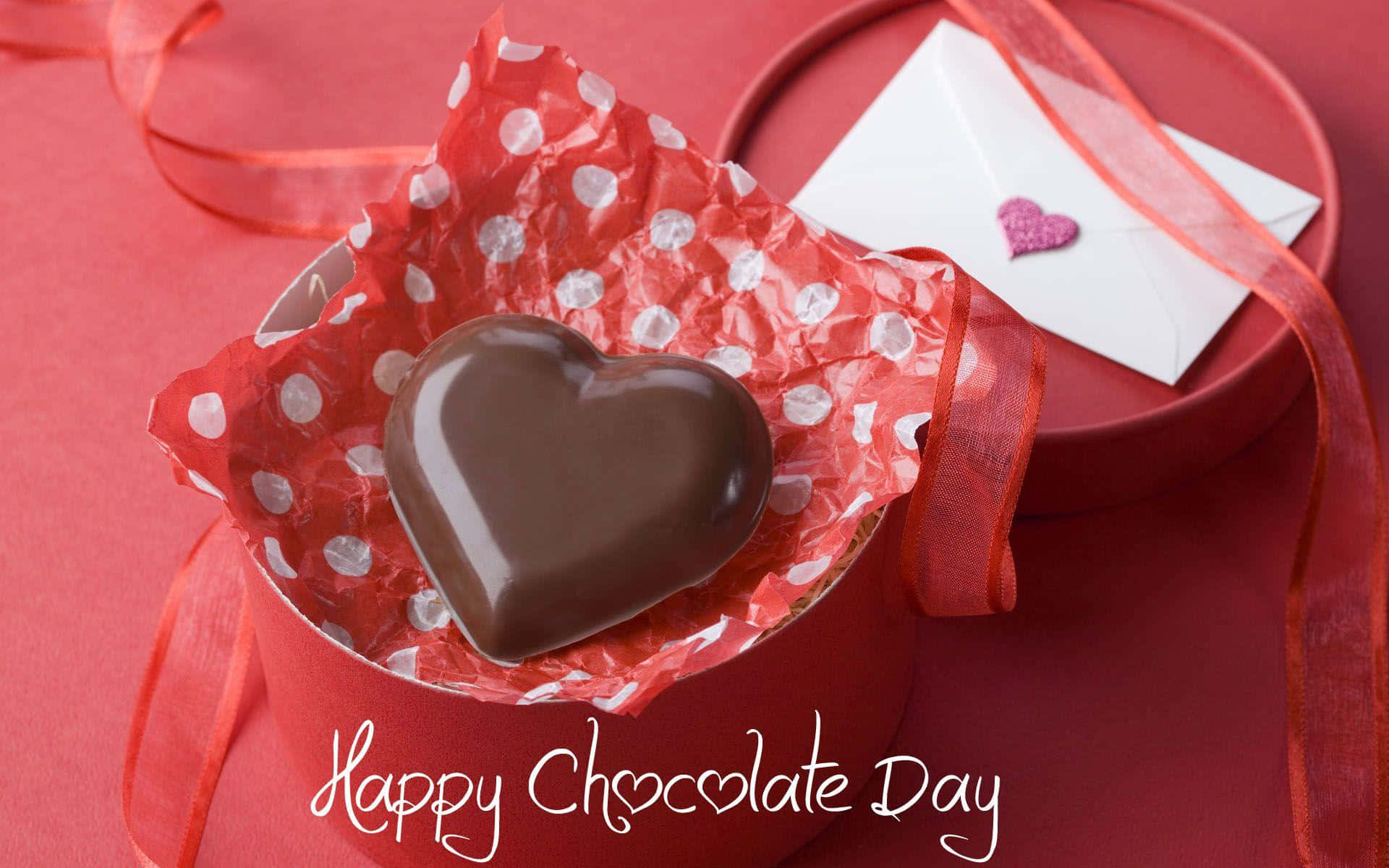 Chocolate 桌布 壁紙 — 一個光滑的心形巧克力放在一個紅色圓點盒子裡，旁邊有一個貼有粉紅色心形貼紙的白色信封。