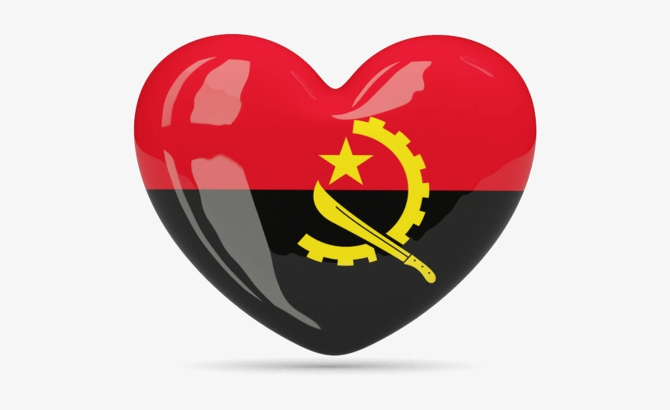 Angola 桌布 壁紙 — 一個光滑的心形物體展示安哥拉國旗，上半部為紅色，下半部為黑色，中央有黃色徽章。