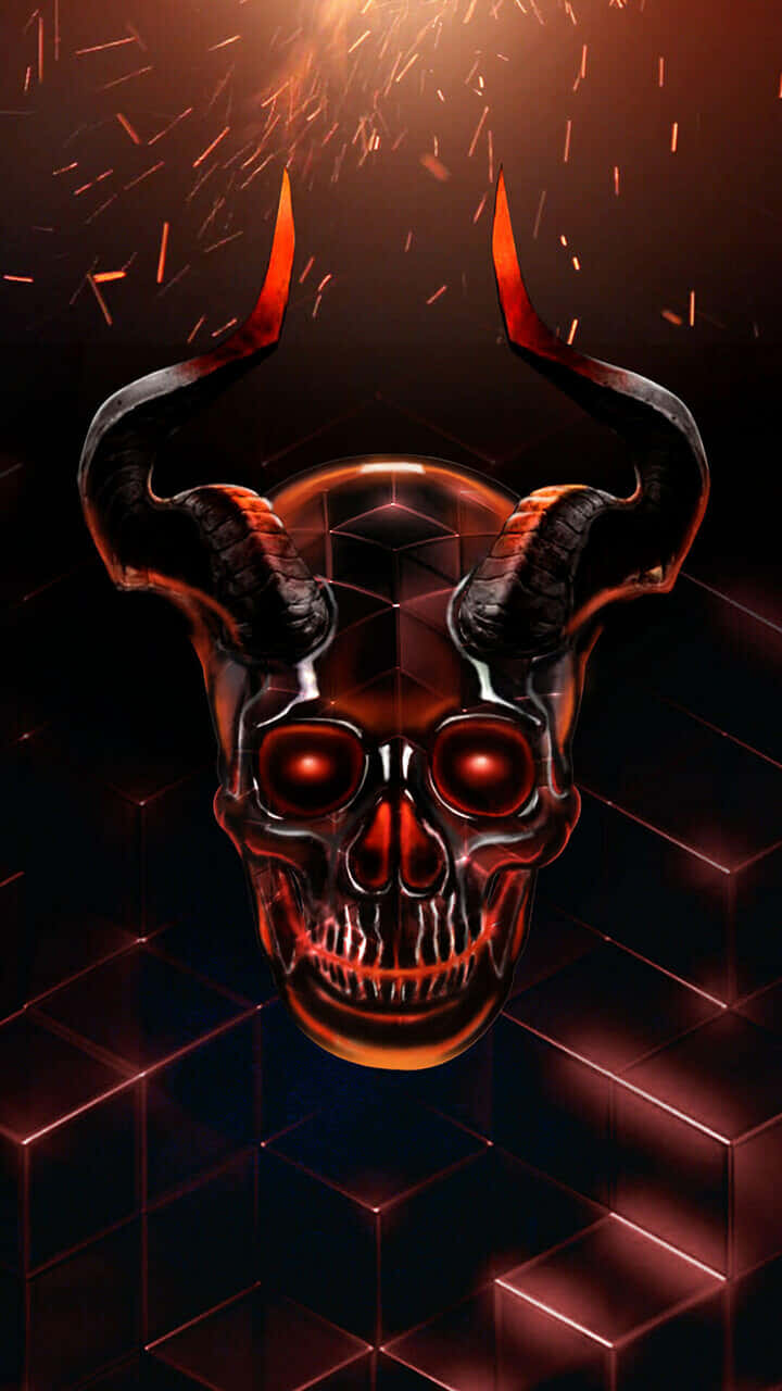 Evil Skull 桌布 壁紙 — 一個光滑的惡魔頭骨，帶有發光的紅色眼睛和角，漂浮在暗色立方體網格上方，火花在熾熱的橙色光芒中向上飛舞。