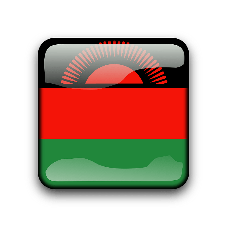 Malawi 桌布 壁紙 — 一個光滑的方形按鈕顯示馬拉威國旗，帶有紅色、綠色和黑色條紋以及一個紅色太陽，背景為深綠色。