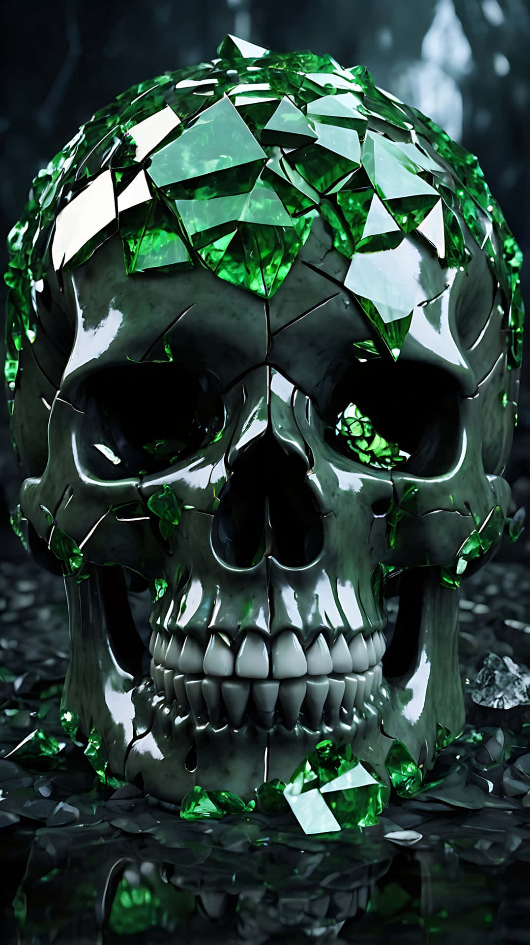 Shattered Skull Reflecting a Dark Fantasy Realm. skull wallpaper 壁紙 — 一個光滑的深色頭骨，飾有破碎的祖母綠寶石，躺在反射性深色液體池中。