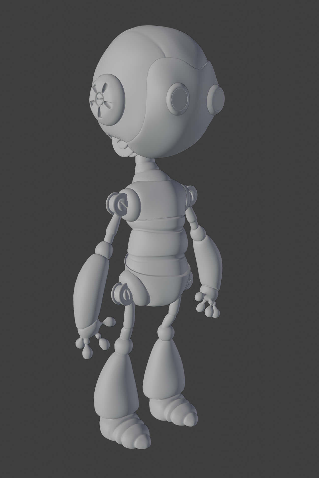 3d Modeling 桌布 壁紙 — 一個光滑的白色3D渲染機器人公仔，帶有關節肢體和圓形眼睛，站在深灰色背景前。