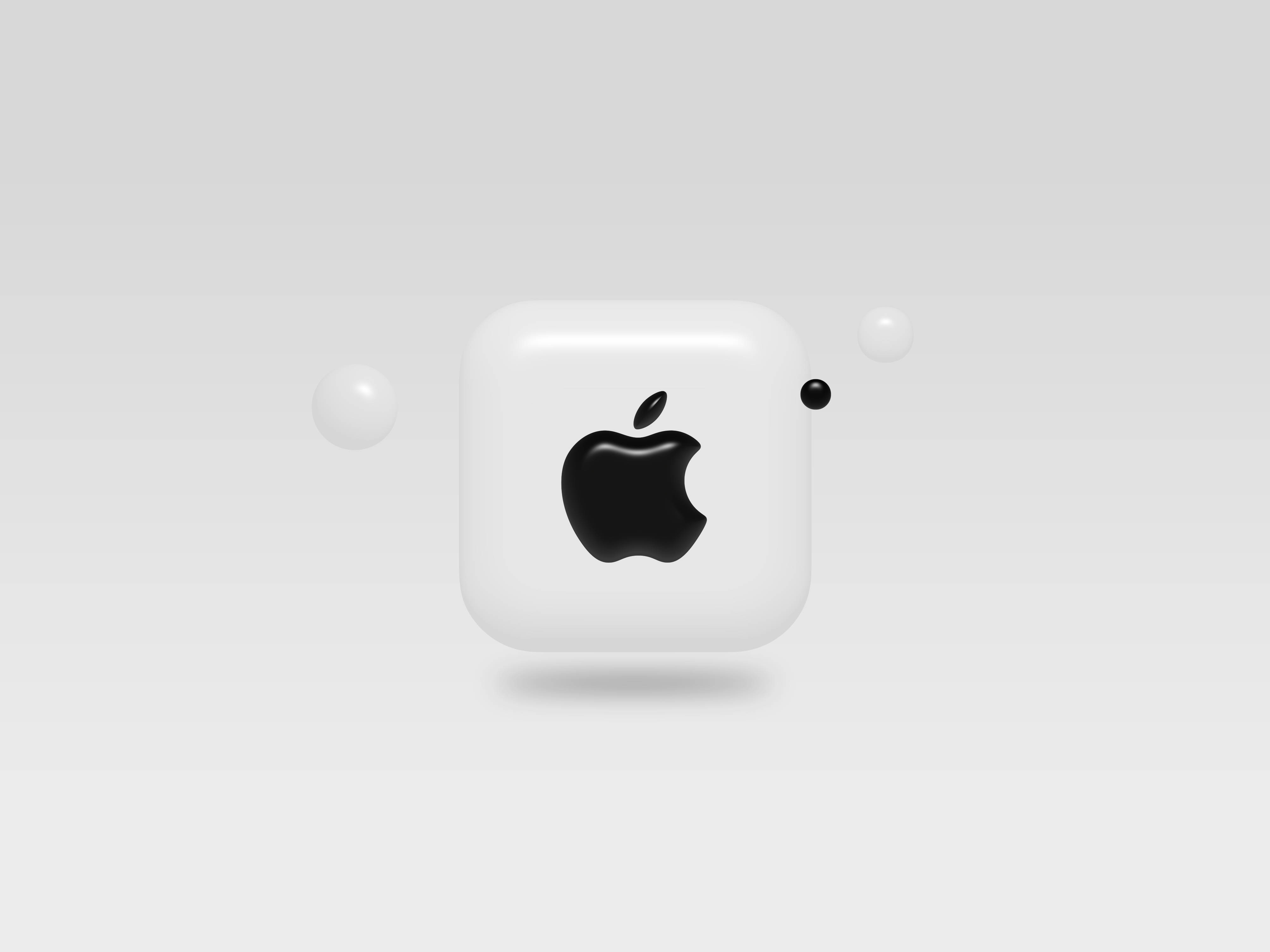 3d Laptop 桌布 壁紙 — 一個光滑的白色Apple AirPods保護殼，帶有黑色標誌，漂浮在極簡灰色漸變背景上。