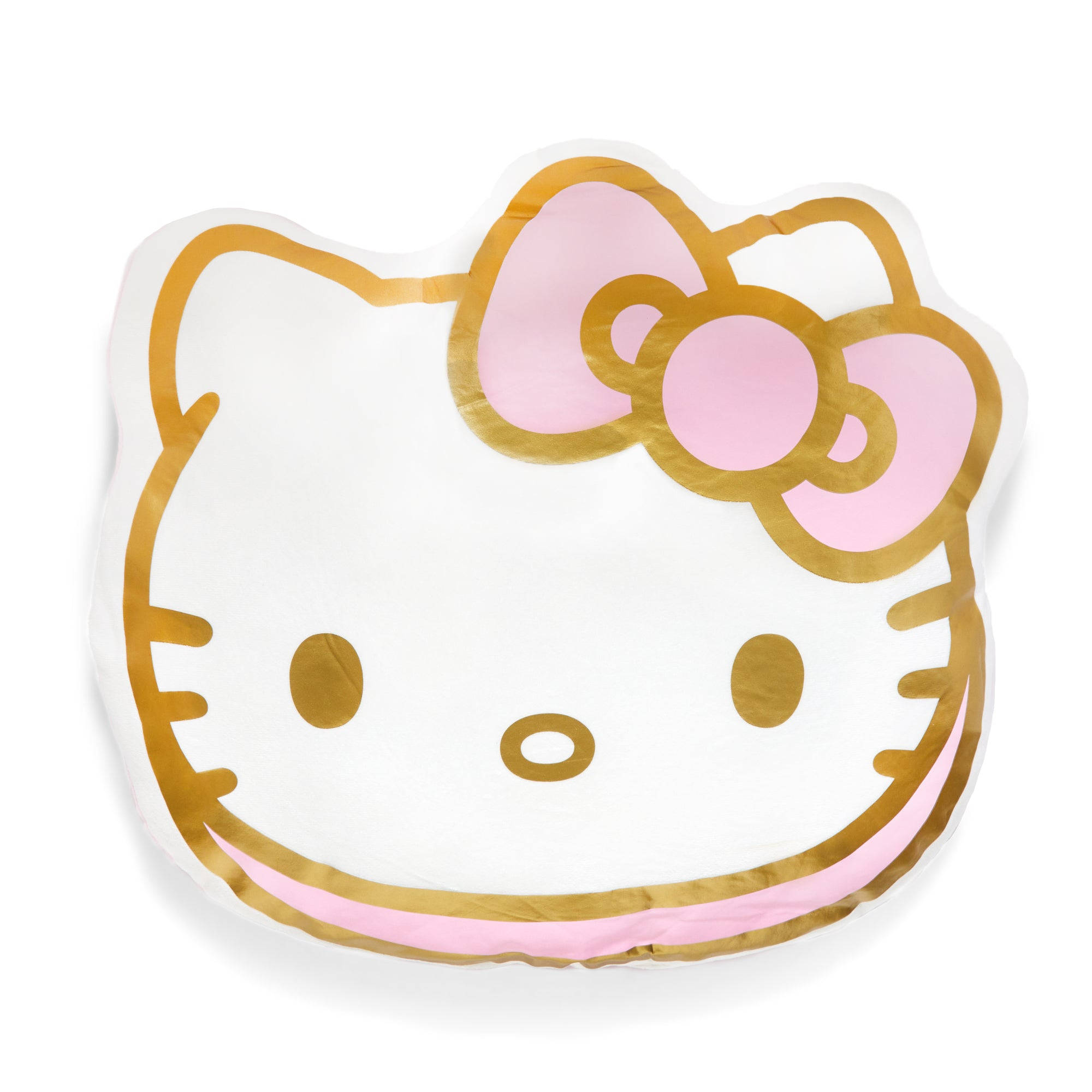 Sanrio Desktop 桌布 壁紙 — 一個光滑的白色Hello Kitty盤子，帶有金色箔紙輪廓和粉紅色蝴蝶結，置於潔白背景上。