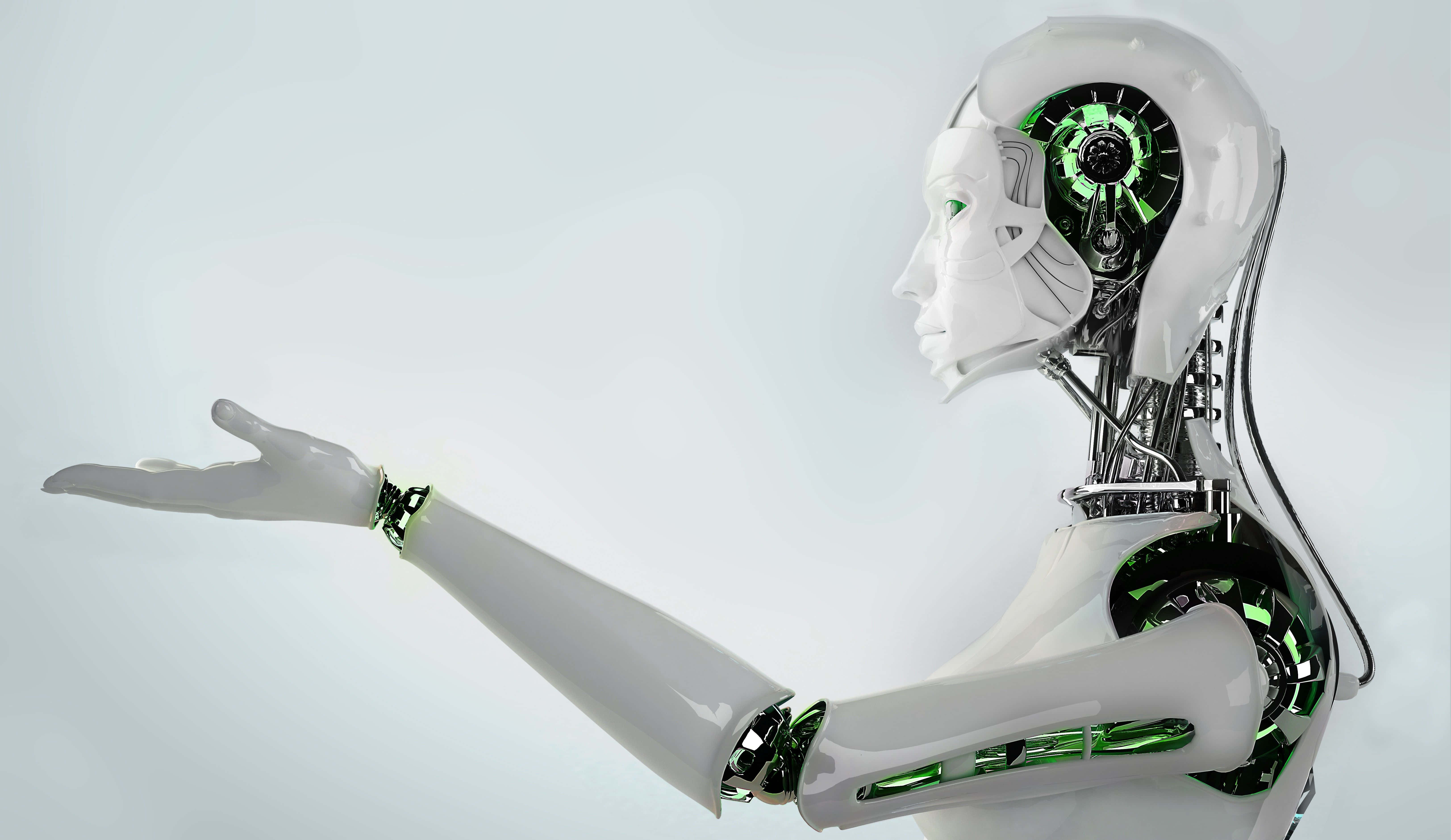 AI 桌布 壁紙 — 一個光滑的白色人形機器人，帶有發光的綠色內部機制，在純淺灰色背景前伸出手。