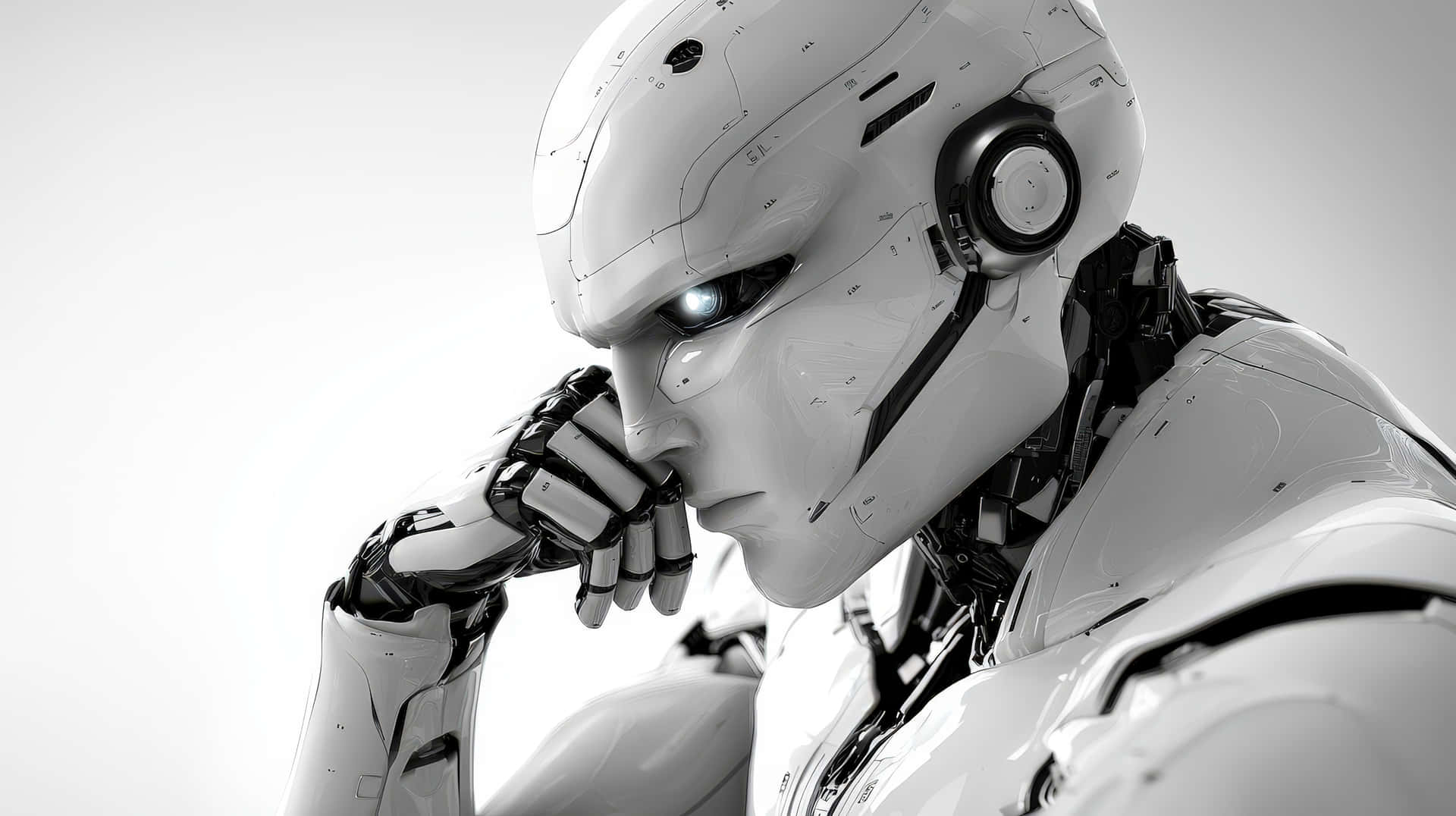 A highly advanced humanoid robot with a sleek white design, appearing deep in thought 壁紙 — 一個光滑的白色人形機器人，帶有發光的藍色眼睛，在純白色背景前將下巴擱在戴手套的手上。