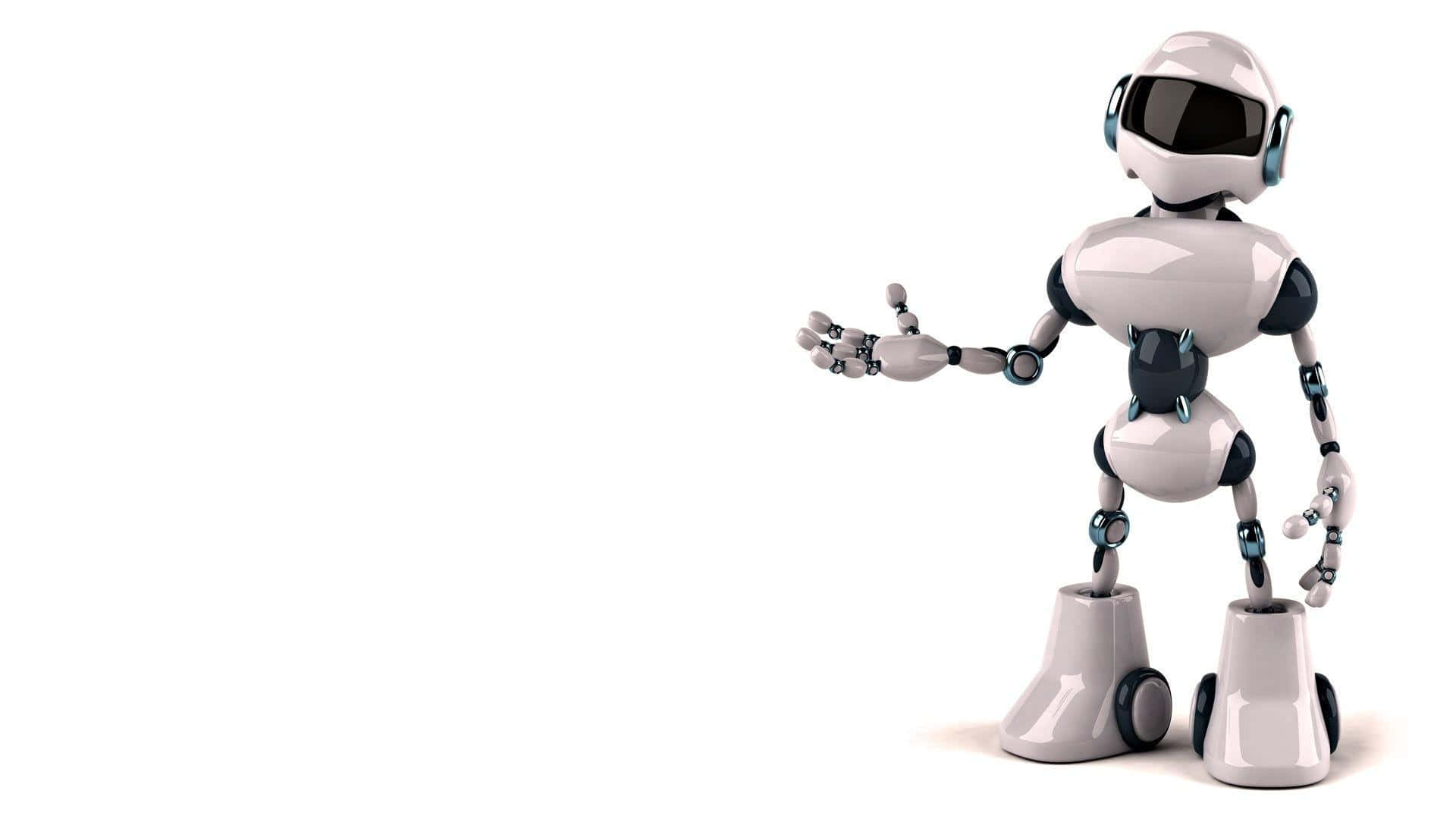 Kawaii Robot 桌布 壁紙 — 一個光滑的白色人形機器人帶有黑色點綴，在純白色背景前做出歡迎的手勢。