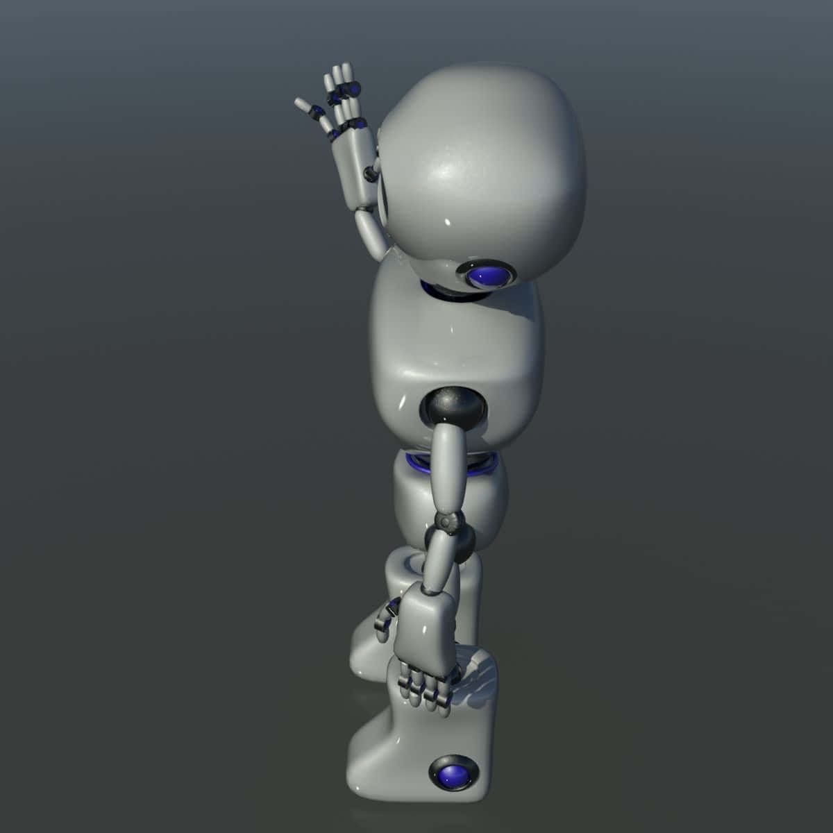 Kawaii Robot 桌布 壁紙 — 一個光滑的白色機器人，帶有發光的藍色眼睛和關節，在灰色漸變背景上愉快地揮手。