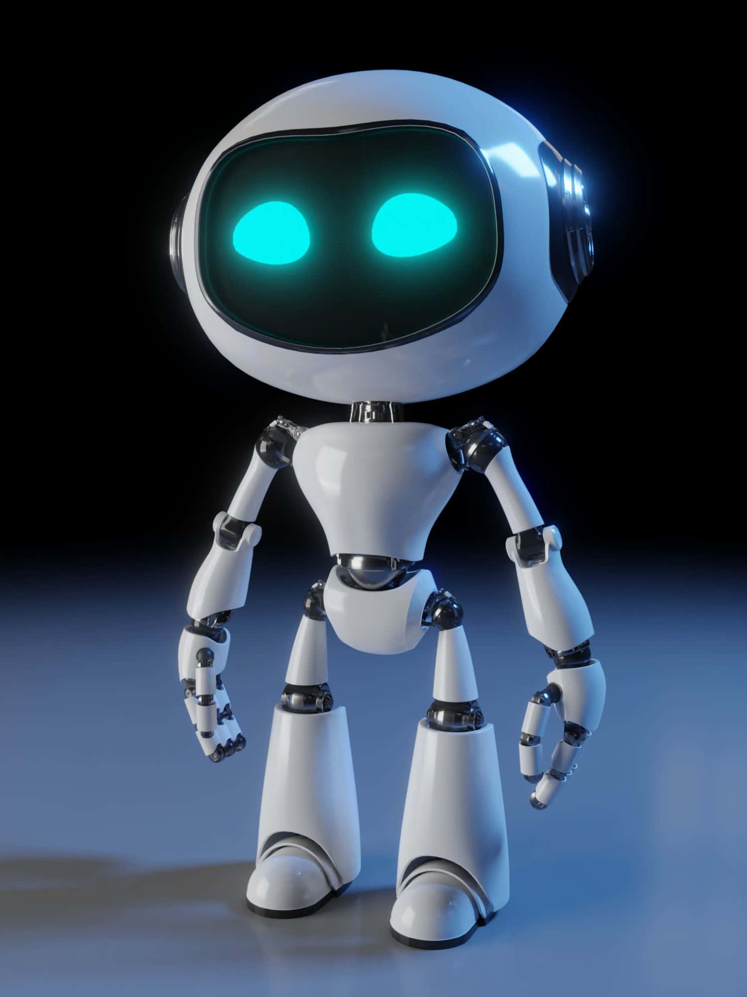 Kawaii Robot 桌布 壁紙 — 一個光滑的白色機器人，帶有發光的青色眼睛，站在黑暗背景前，地面有藍色燈光。