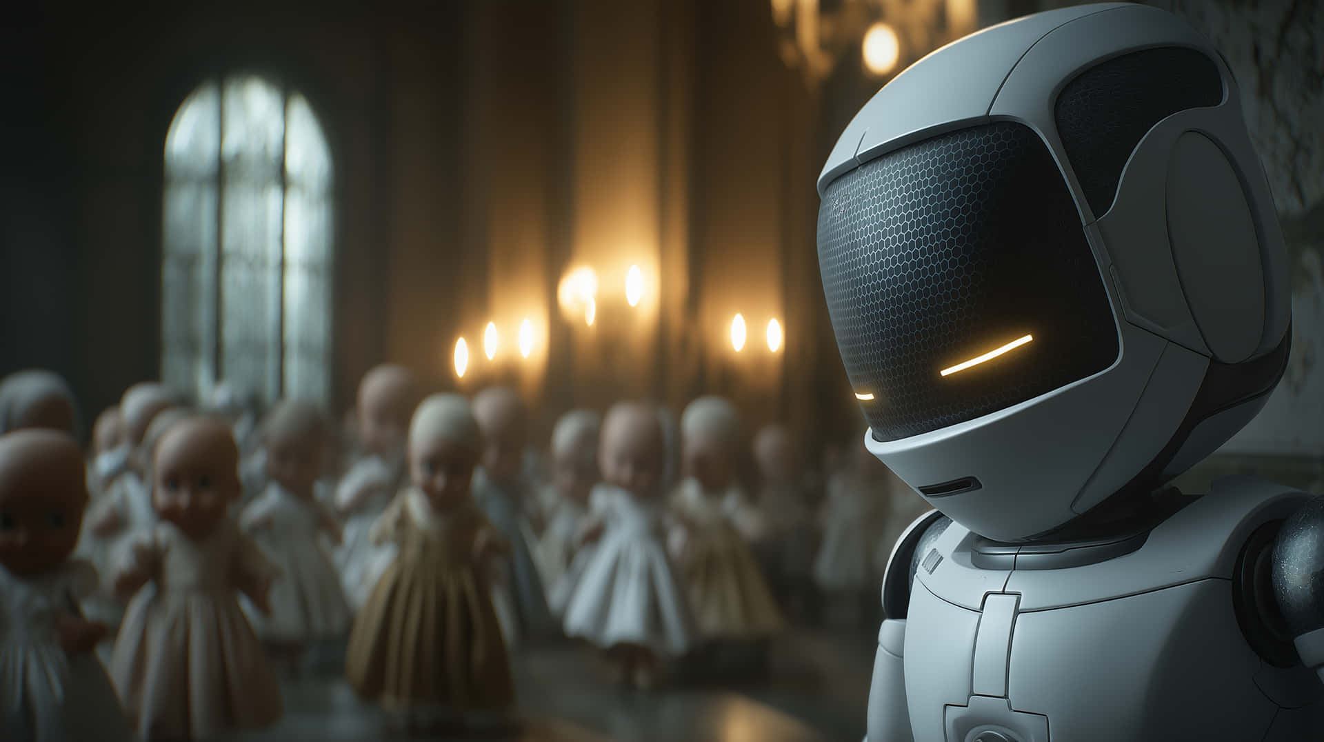 AI Robot Amidst Creepy Dolls in Eerie Setting 壁紙 — 一個光滑的白色機器人，眼睛發光，站在燈光昏暗的大教堂中，一群模糊的瓷娃娃穿著白色連衣裙輕聲歌唱。