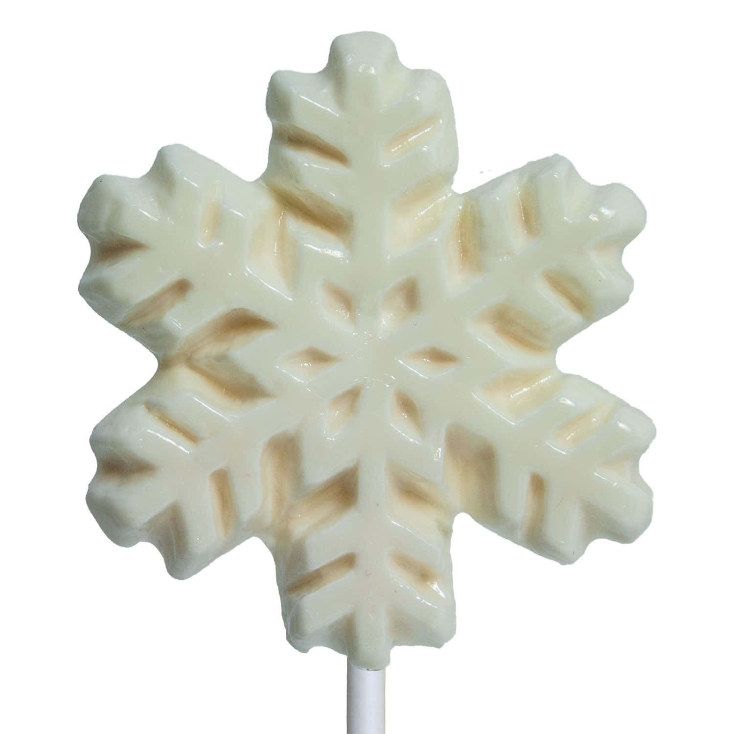 糖果 桌布 壁紙 — 一個光滑的白色雪花形棒棒糖，帶有細緻的脊紋和溫暖的琥珀色亮點，襯托在潔白的背景上。