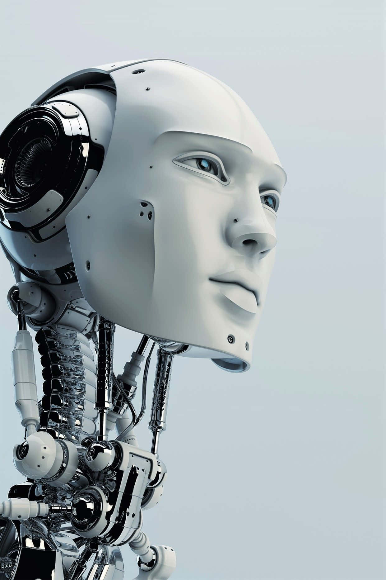 Gaming AI 桌布 壁紙 — 一個光滑的白色面孔和暴露的機械頸部的人形機器人，背景為淡藍色。