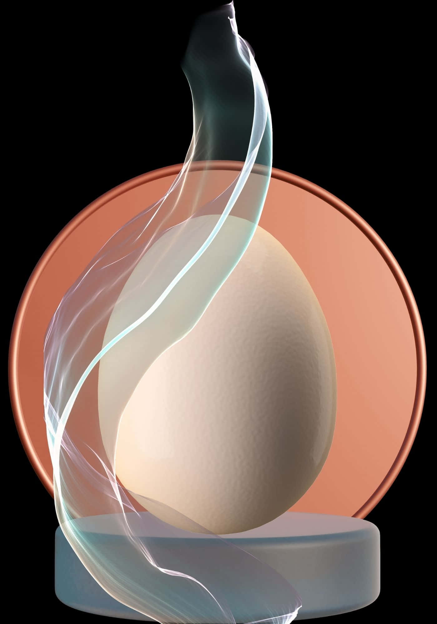 Egg 桌布 壁紙 — 一個光滑的米色雞蛋放在底座上，半透明的藍綠色絲帶在銅色圓形背景中環繞著它旋轉。
