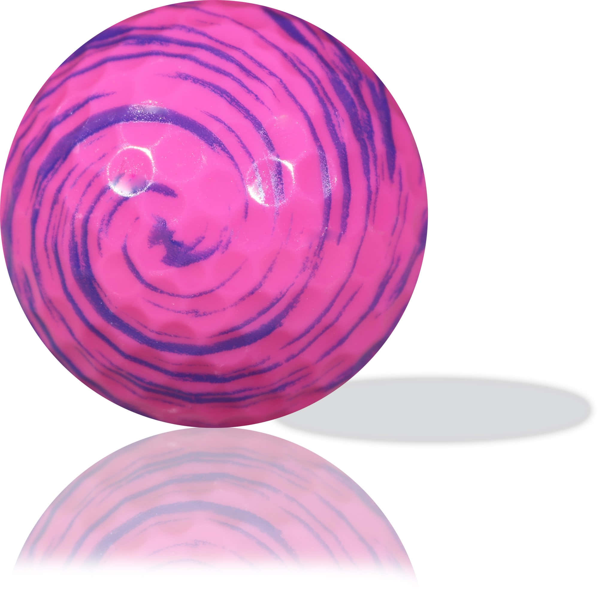 Pink Swirl 桌布 壁紙 — 一個光滑的粉紅和紫色漩渦球體，帶有反射高光，放置在白色表面上，投射出柔和的陰影。