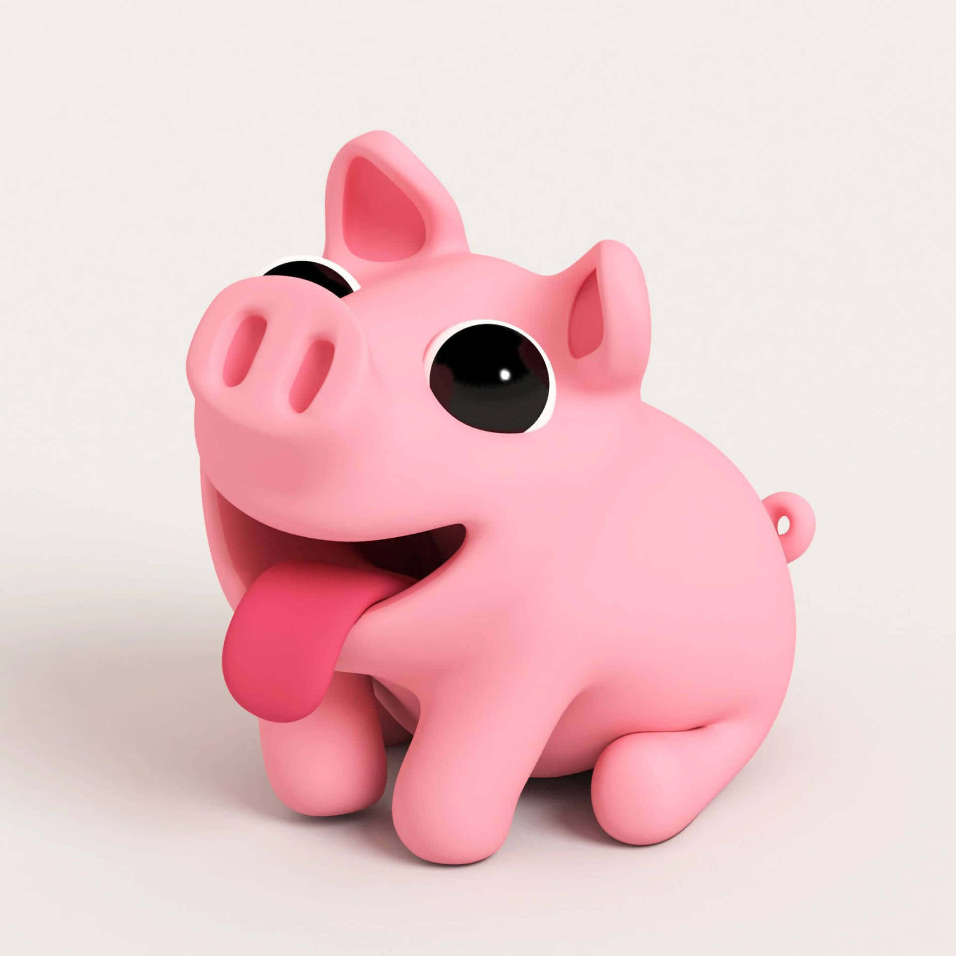 Pig 桌布 壁紙 — 一個光滑的粉紅色3D渲染豬玩具，有著大大的黑色眼睛和頑皮的舌頭伸出，背景是純白色。