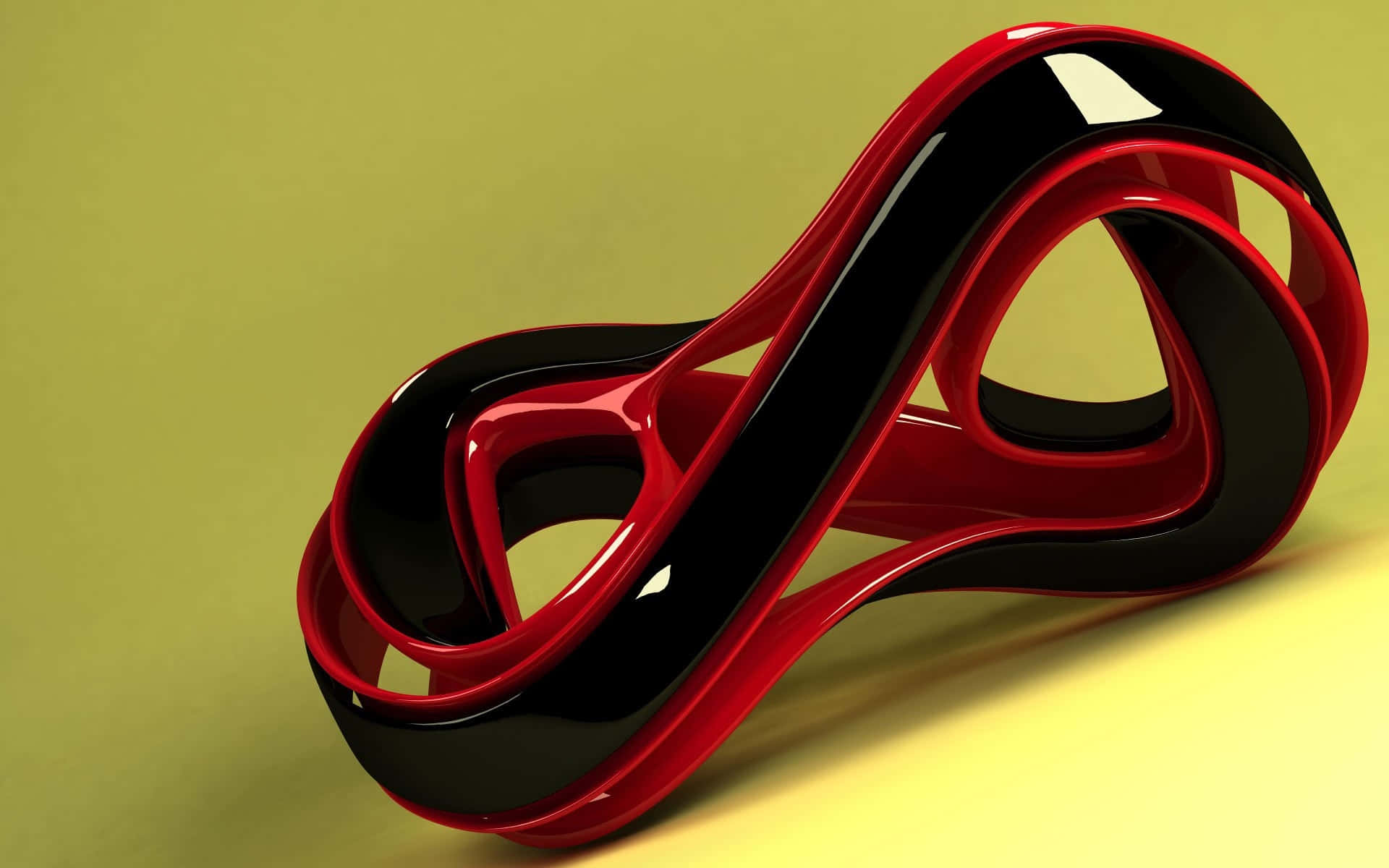 Footwear Design 桌布 壁紙 — 一個光滑的紅色和黑色無限符號雕塑在柔和的黃色背景上優雅地彎曲。