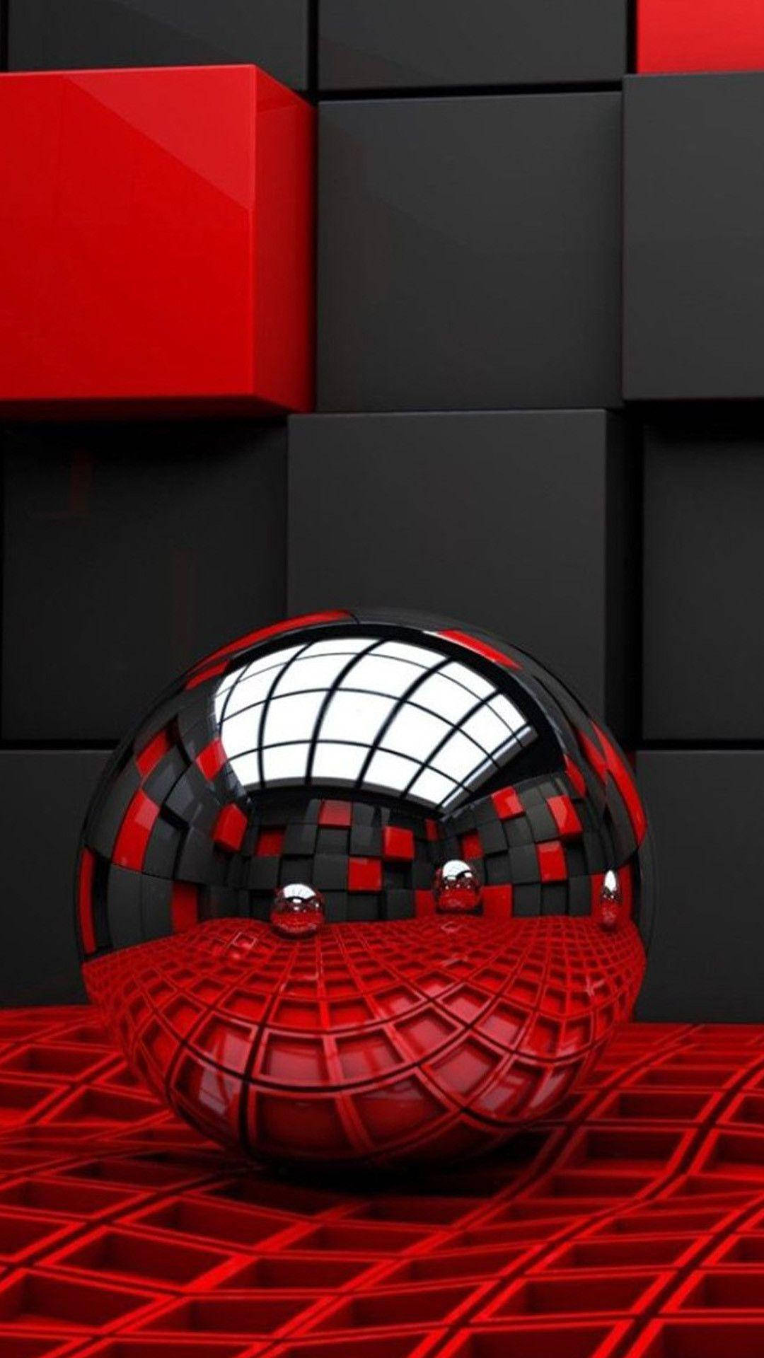 3D iPhone 壁紙 桌布 壁紙 — 一個光滑的紅色和黑色球體放置在紅色網格地板上，反射出網格天花板，背景是黑色瓷磚牆。