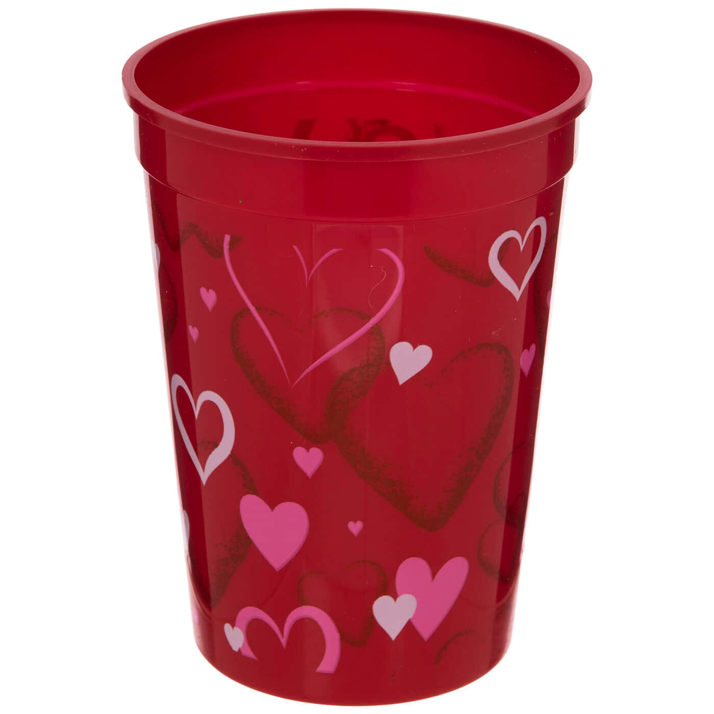 Pink Hearts 桌布 壁紙 — 一個光滑的紅色塑膠杯，上面裝飾著各種粉紅色和白色的心形圖案，背景是純白色。