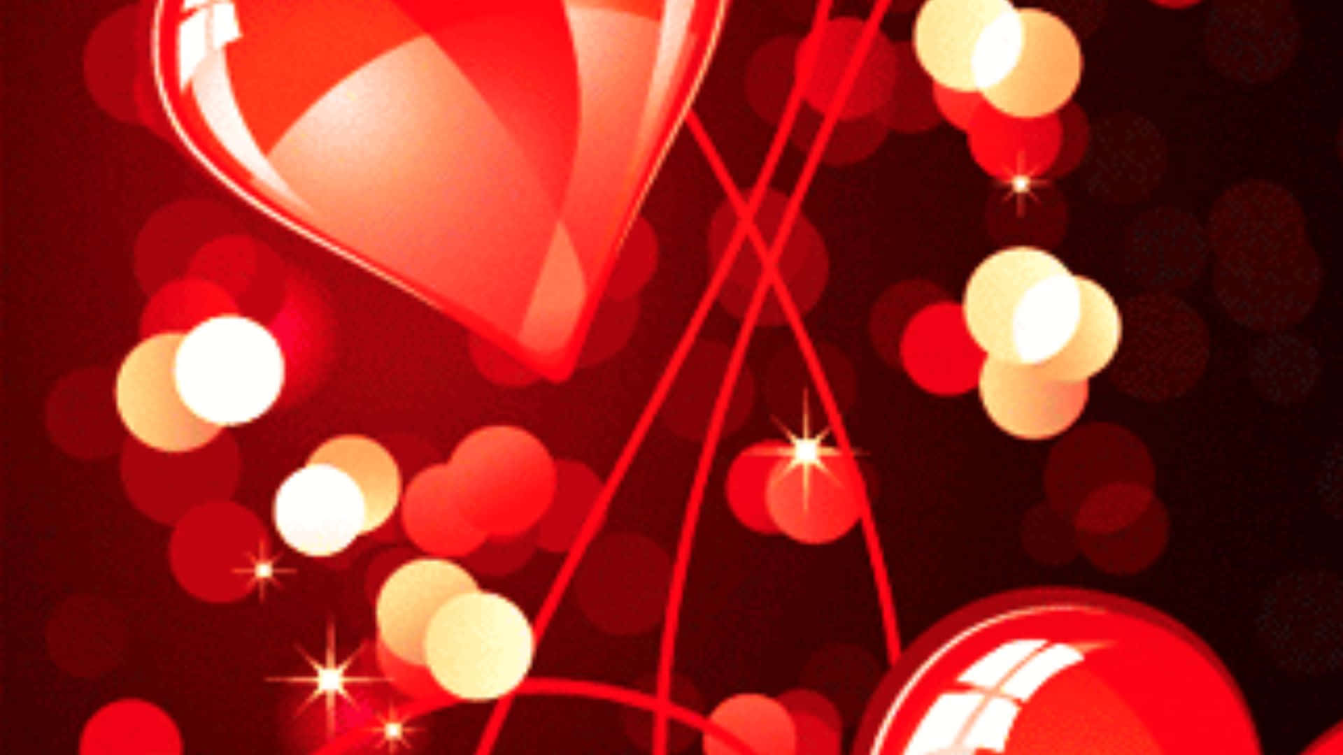 Red Hearts 桌布 壁紙 — 一個光滑的紅色心形在深紅色背景上，漂浮在發光的球體和閃爍的光芒之間。