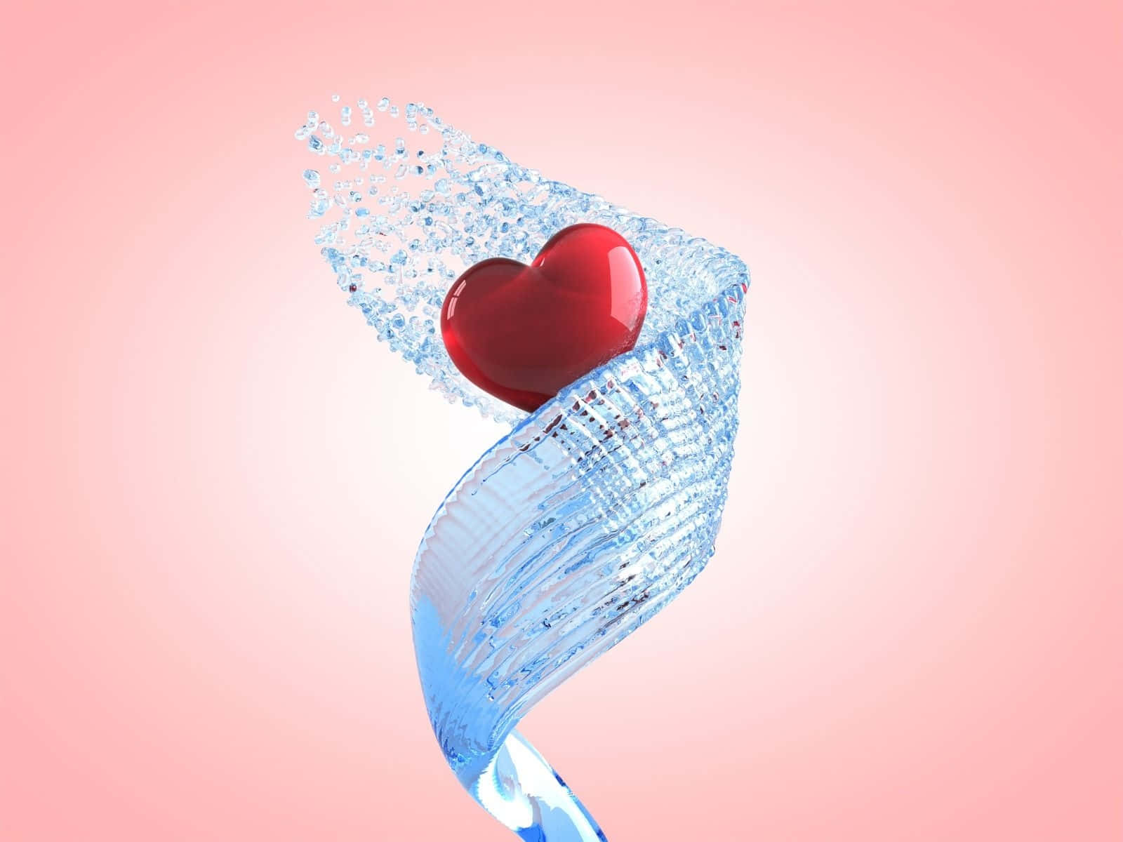 Heart Shape 桌布 壁紙 — 一個光滑的紅色心形漂浮在旋轉的藍色水狀絲帶中，背景是柔和的粉紅色漸變。