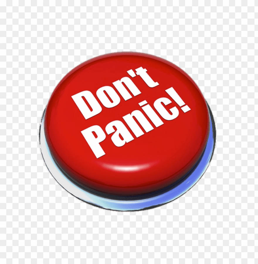 Panic 桌布 壁紙 — 一個光滑的紅色按鈕，上面有白色文字寫著「Don't Panic!」，位於透明棋盤背景上。
