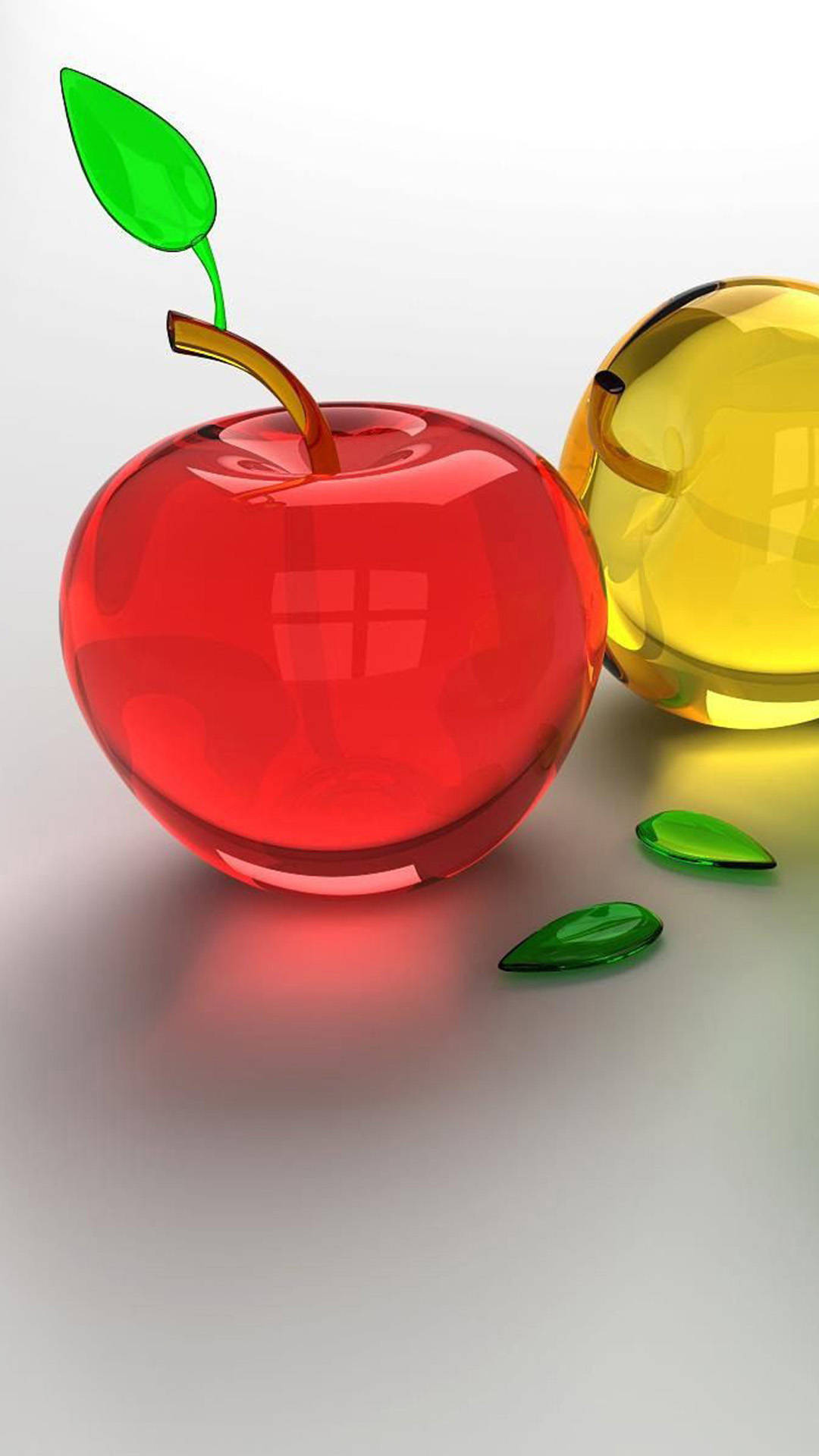 3D 桌布 壁紙 — 一個光滑的紅色玻璃蘋果，帶有綠色葉子和莖，放在白色表面上一個黃色玻璃球旁邊。