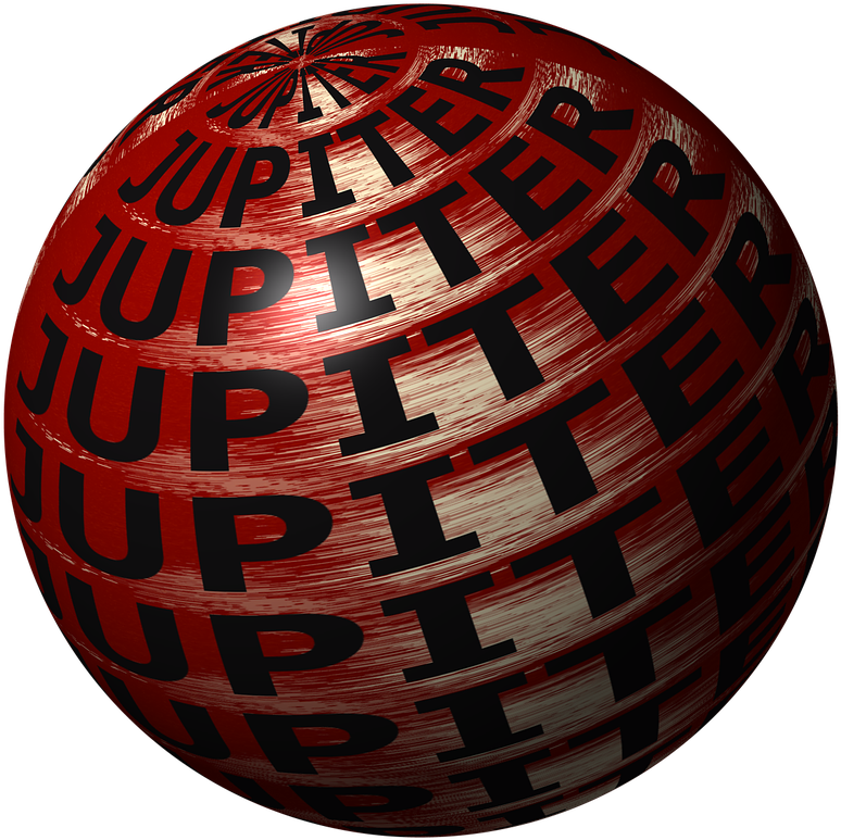 木星 桌布 壁紙 — 一個光滑的紅色球體，上面覆蓋著粗體黑色「JUPITER」文字，在 stark 黑色背景上旋轉。