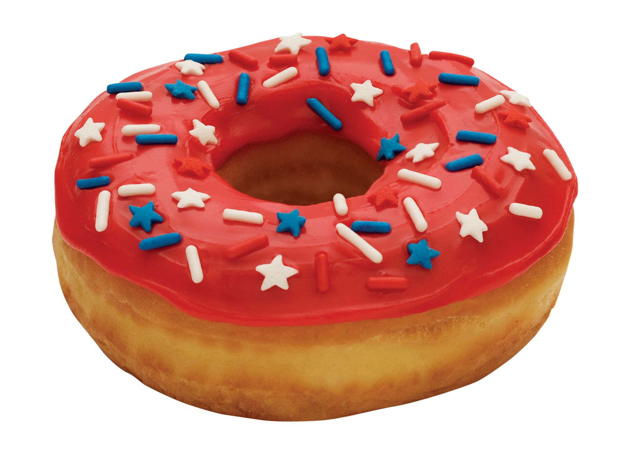 donuts 桌布 壁紙 — 一個光滑的紅色糖霜甜甜圈，上面有藍色、白色和紅色的星形糖粒，背景是乾淨的白色。