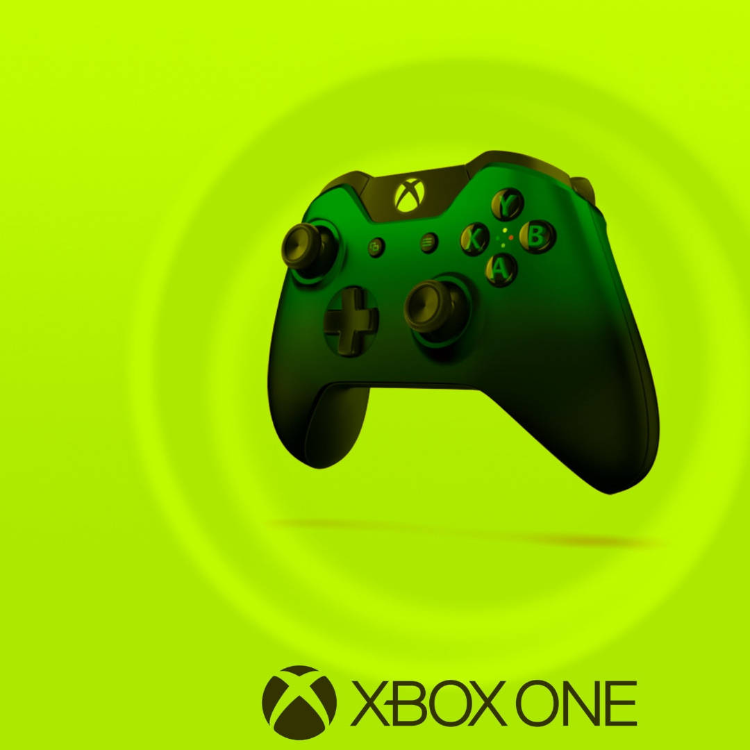 Xbox 桌布 壁紙 — 一個光滑的綠色Xbox One控制器漂浮在充滿活力的萊姆綠色漸變背景上，帶有微妙的圓形光效。