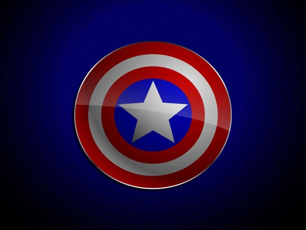 Captain America Logo 桌布 壁紙 — 一個光滑的美國隊長盾牌，帶有紅、白、藍三色同心圓環，中央有一顆銀星，背景為深藍色漸變。
