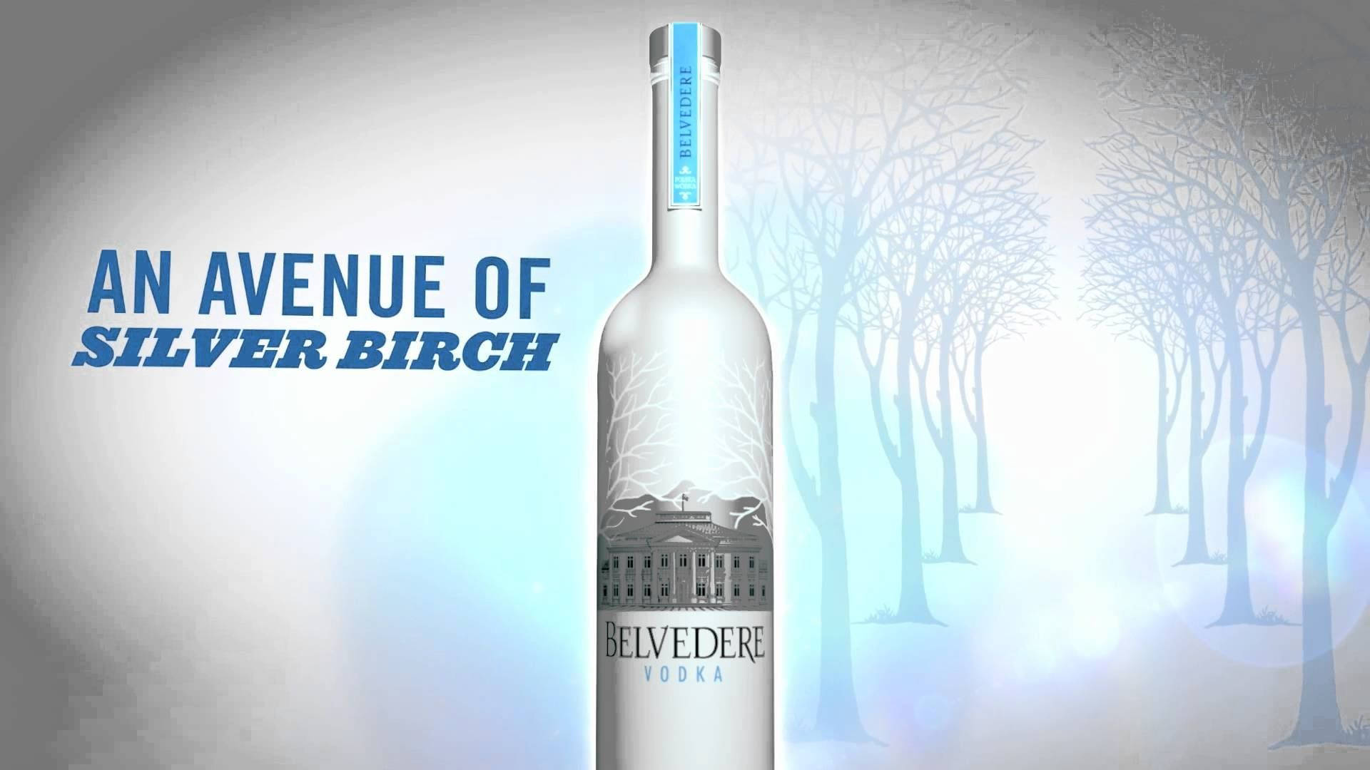 alcohol 桌布 壁紙 — 一個光滑的銀色伏特加酒瓶，標有Belvedere，立在柔和的藍色背景上，帶有白樺樹剪影和文字「An Avenue of Silver Birch」。